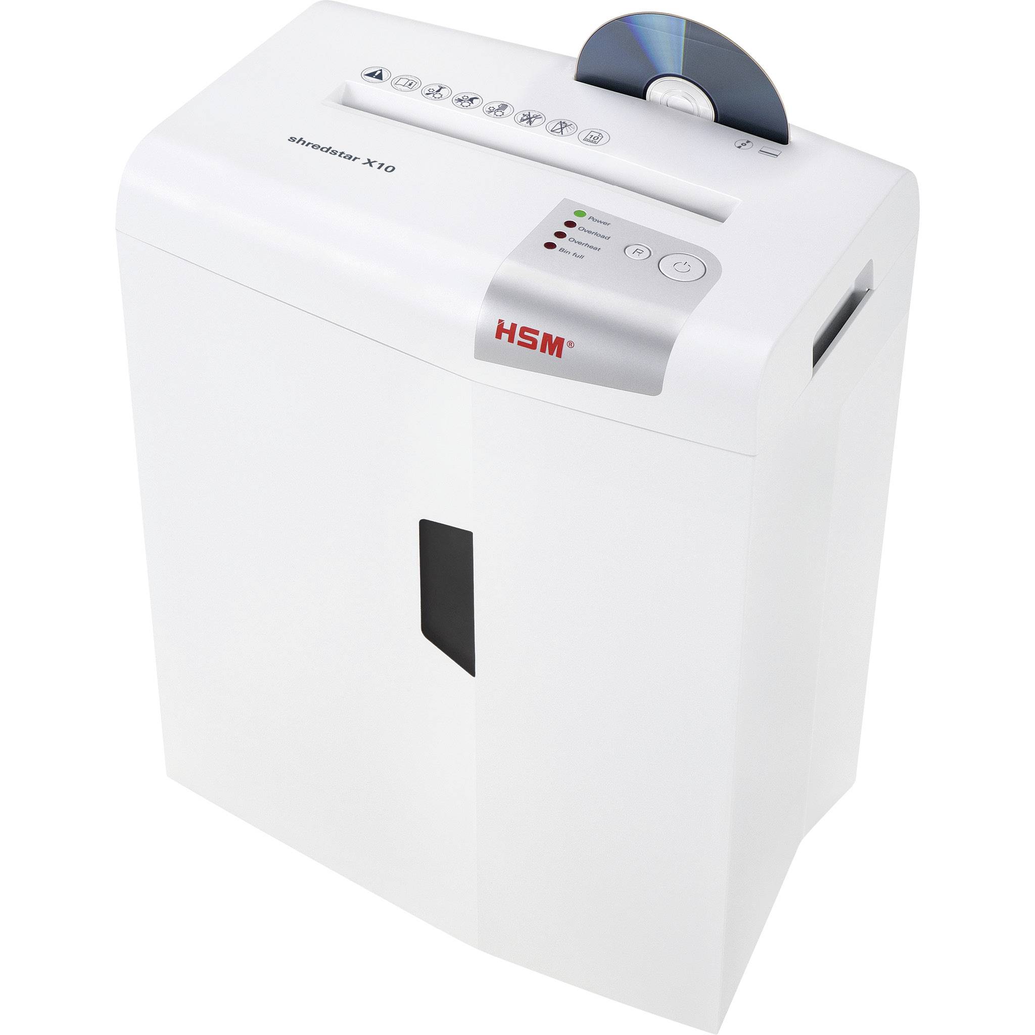 Ein weißer Aktenvernichter mit der Aufschrift 'HSM shredstar X10'. Er zerkleinert Papier und CDs. Kontrollleiste mit Bedienknöpfen und Lämpchen oben.