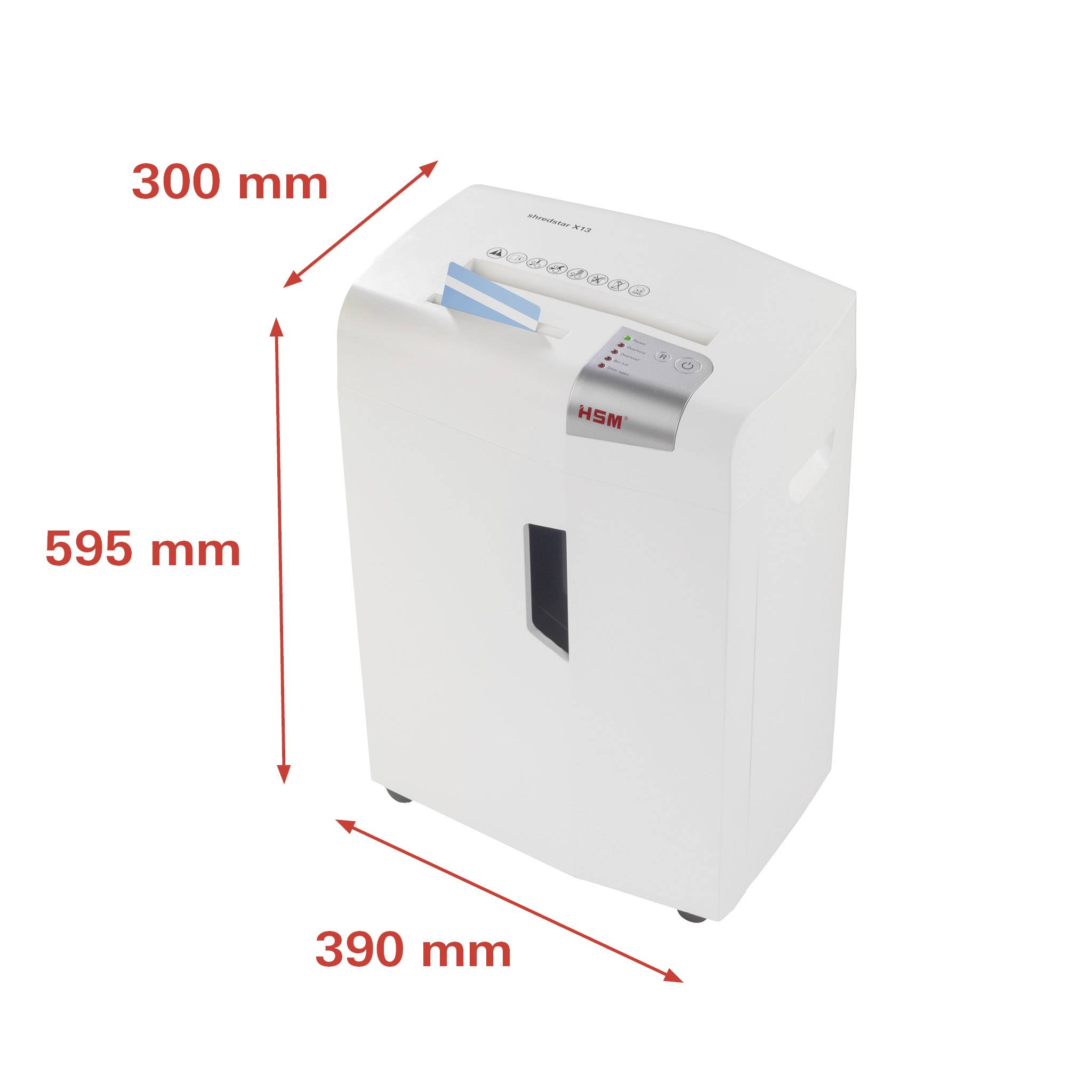 Ein weißer Aktenvernichter mit den Abmessungen 300 mm x 390 mm x 595 mm. Oben befinden sich bedienbare Knöpfe.