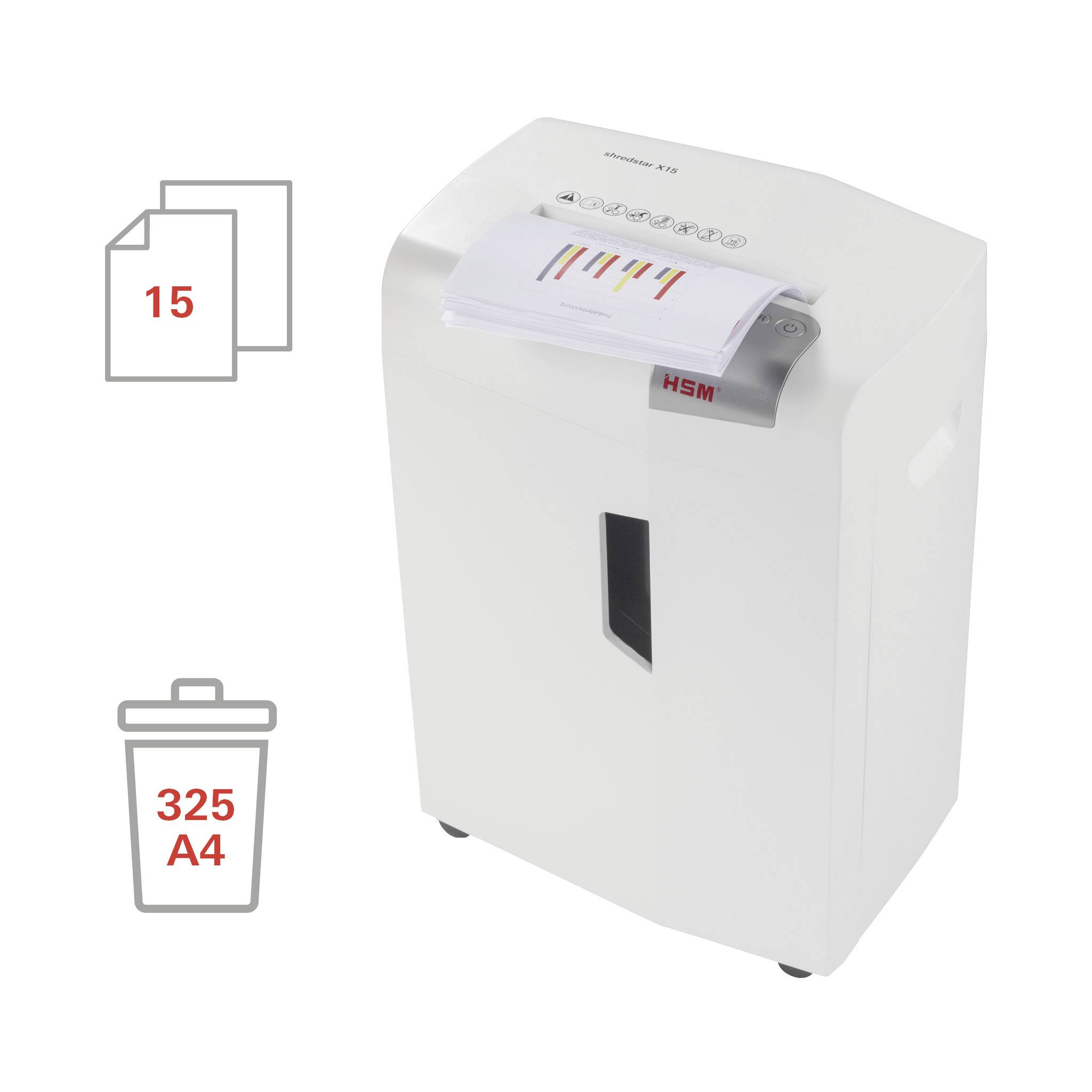 HSM shredstar X15 Aktenvernichter 15 Blatt Partikelschnitt 4 x 37mm P-4 26l Vernichtet auch CDs, DVDs, Heftklammern, Büroklammern