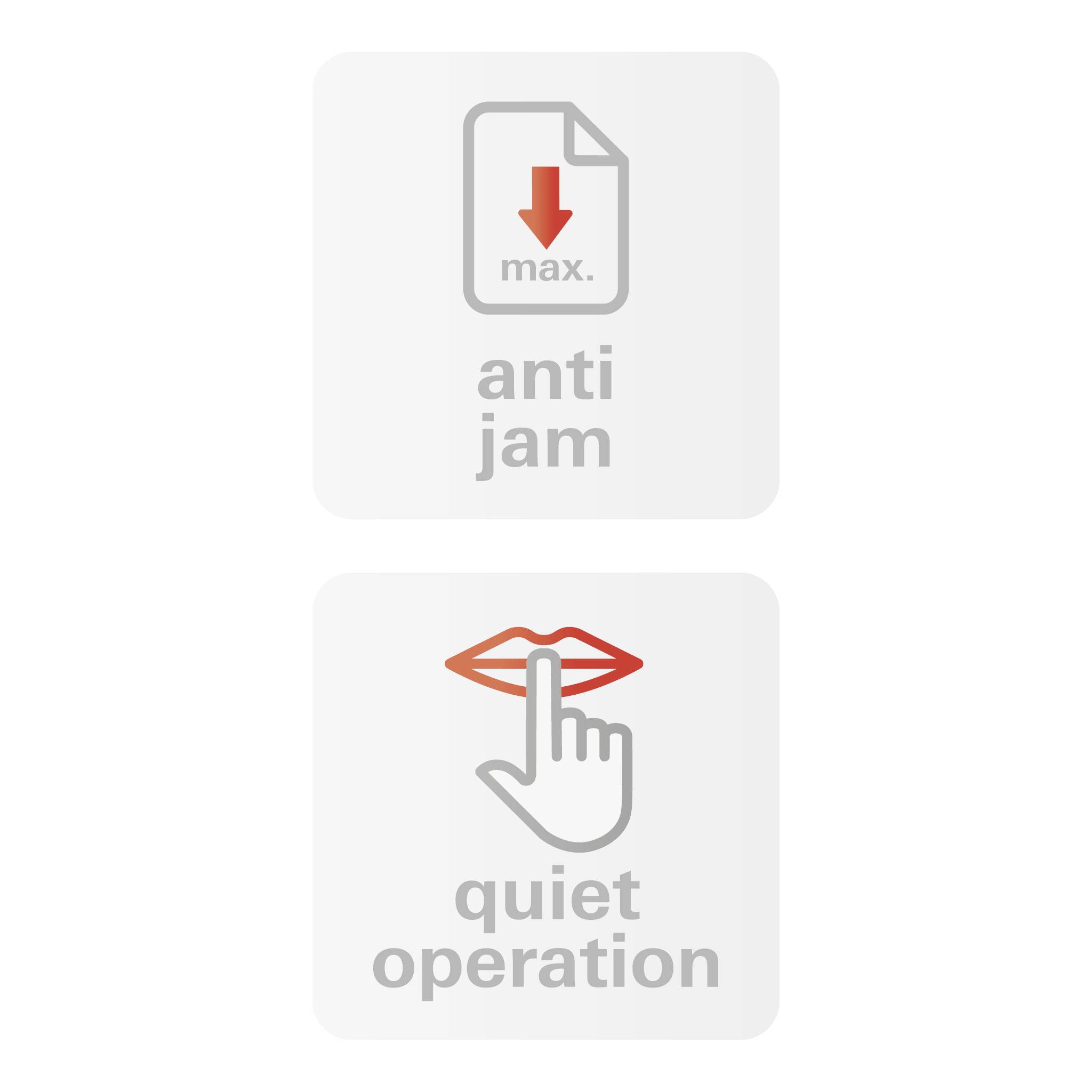 'Anti Jam': Symbolisiert Schutz vor Papierstau. 'Quiet Operation': Symbolisiert leisen Betrieb. Beide Symbole sind grau, mit roten Akzenten.