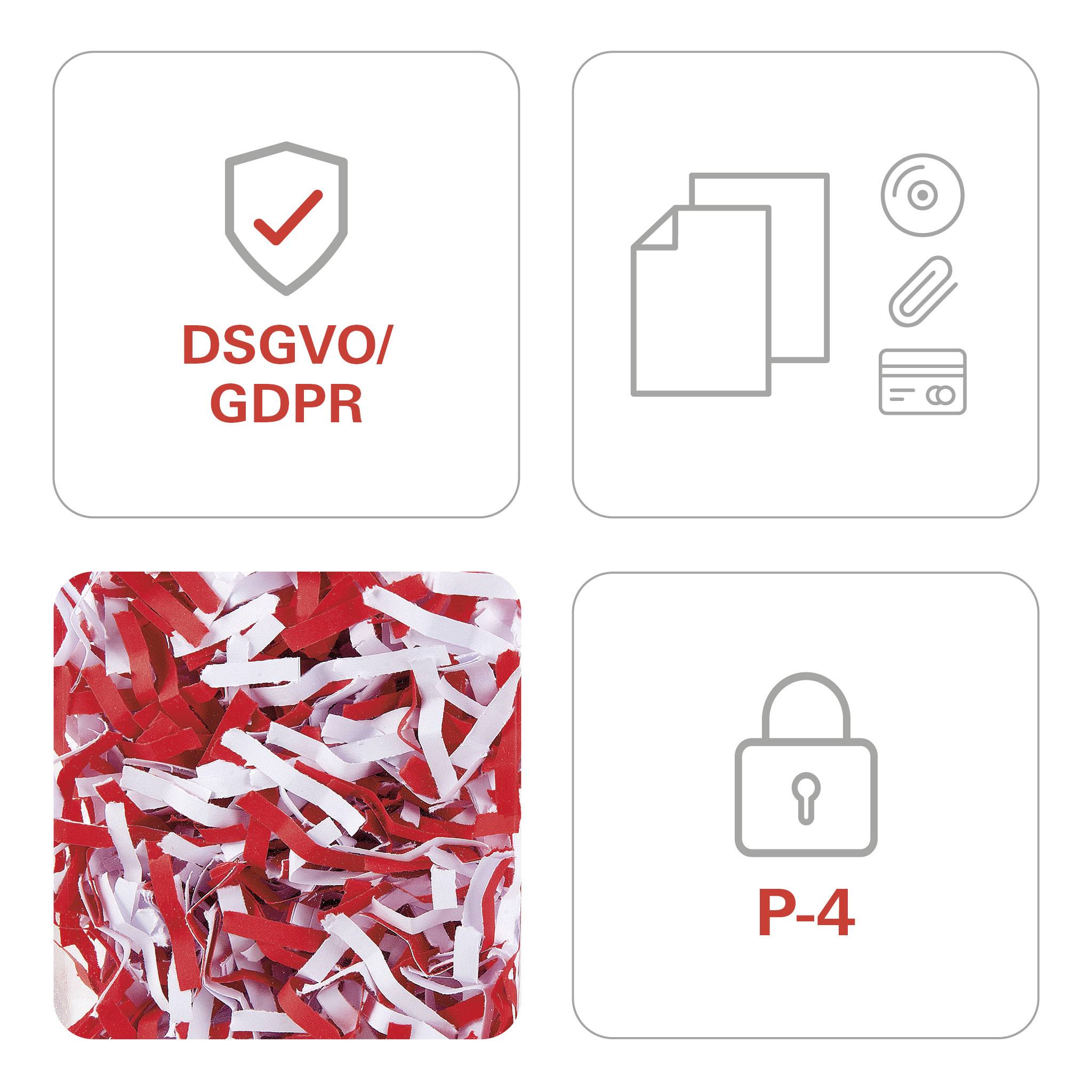 Zerkleinerte Papierstreifen, Symbol für Datenschutz gemäß DSGVO. Weitere Symbole: DSGVO-Logo, Dokumente/CD/Kreditkarten, Sicherheitsschloss P-4.