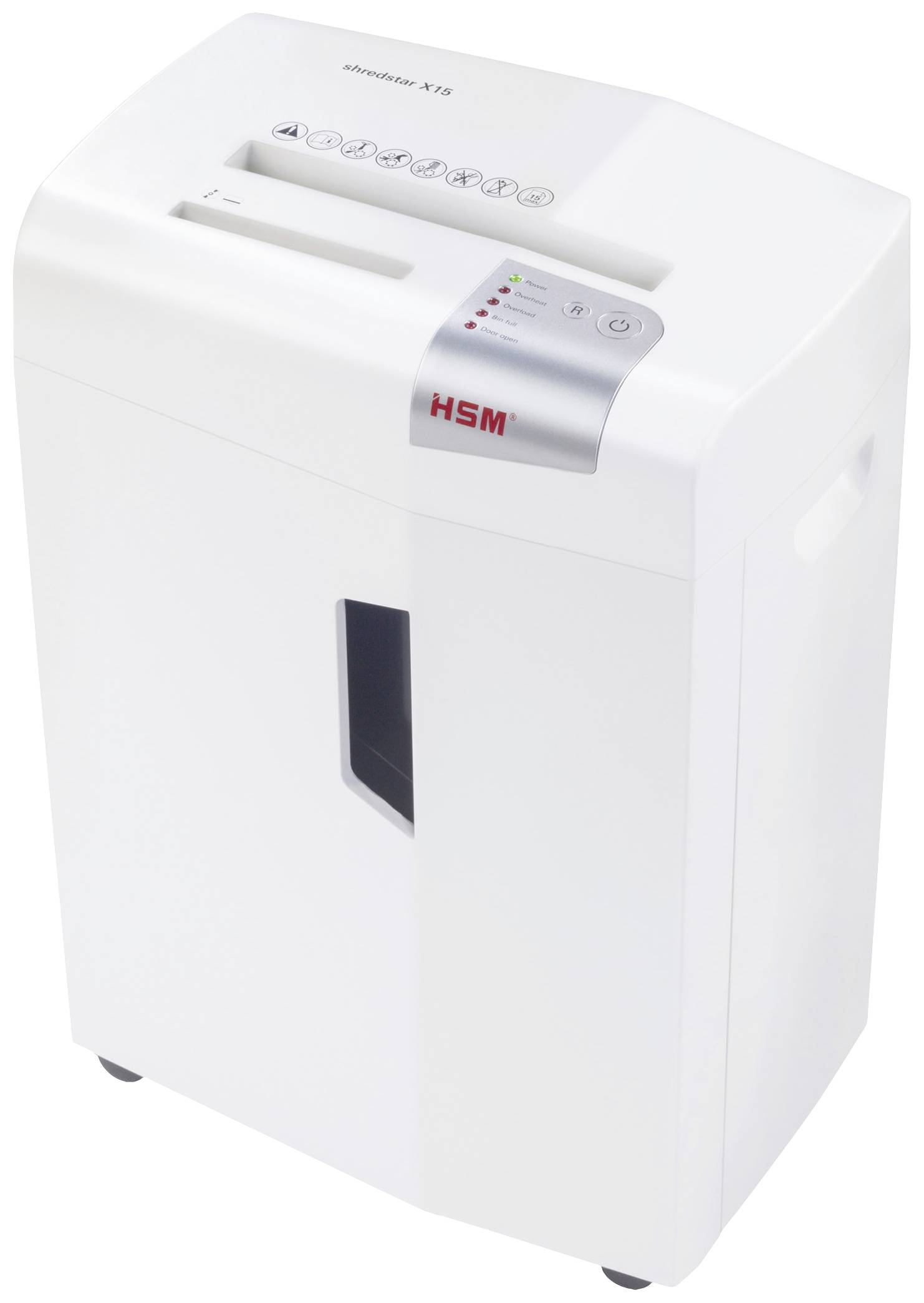 Ein weißer Aktenvernichter mit der Aufschrift 'HSM shredstar X15'. Er hat ein Bedienfeld mit Tasten und LED-Anzeigen oben.