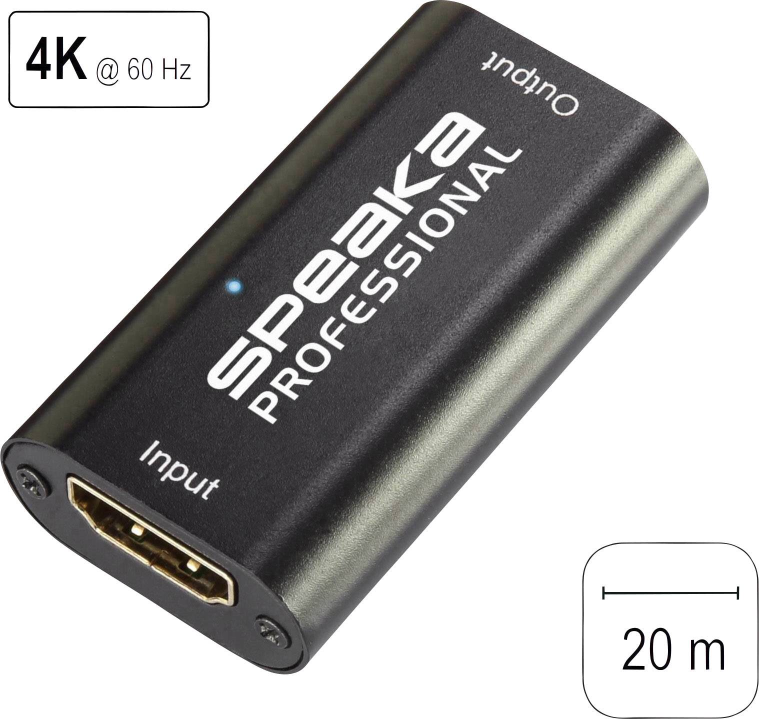 Speaka Professionelles HDMI-Verlängerungsgerät mit Bezeichnung 4K@60 Hz und 20 m, zeigt Ein- und Ausgänge.