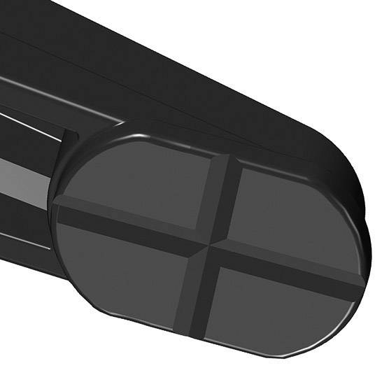 Schwarze, rechteckige Form mit abgerundeten Kanten und Kreuzmuster in der Mitte, möglicherweise technisches Bauteil oder Geräteteil.