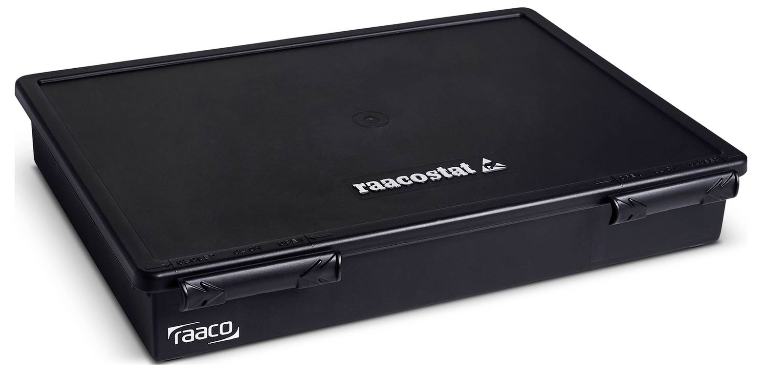 Eine schwarze Raaco-Aufbewahrungsbox mit einem sicheren Deckel, auf der Oberseite mit 'raacostat' und an der Seite mit 'raaco' beschriftet, entwickelt zum Organisieren und Schützen von Gegenständen.