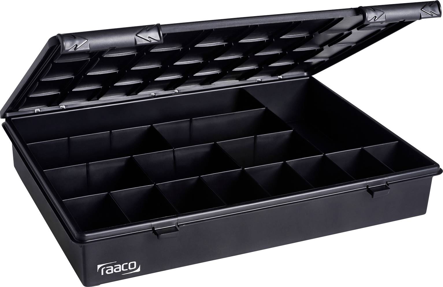 Eine schwarze Kunststoff-Aufbewahrungsbox mit offenem Deckel und mehreren Fächern, geeignet zum Organisieren von kleinen Gegenständen.