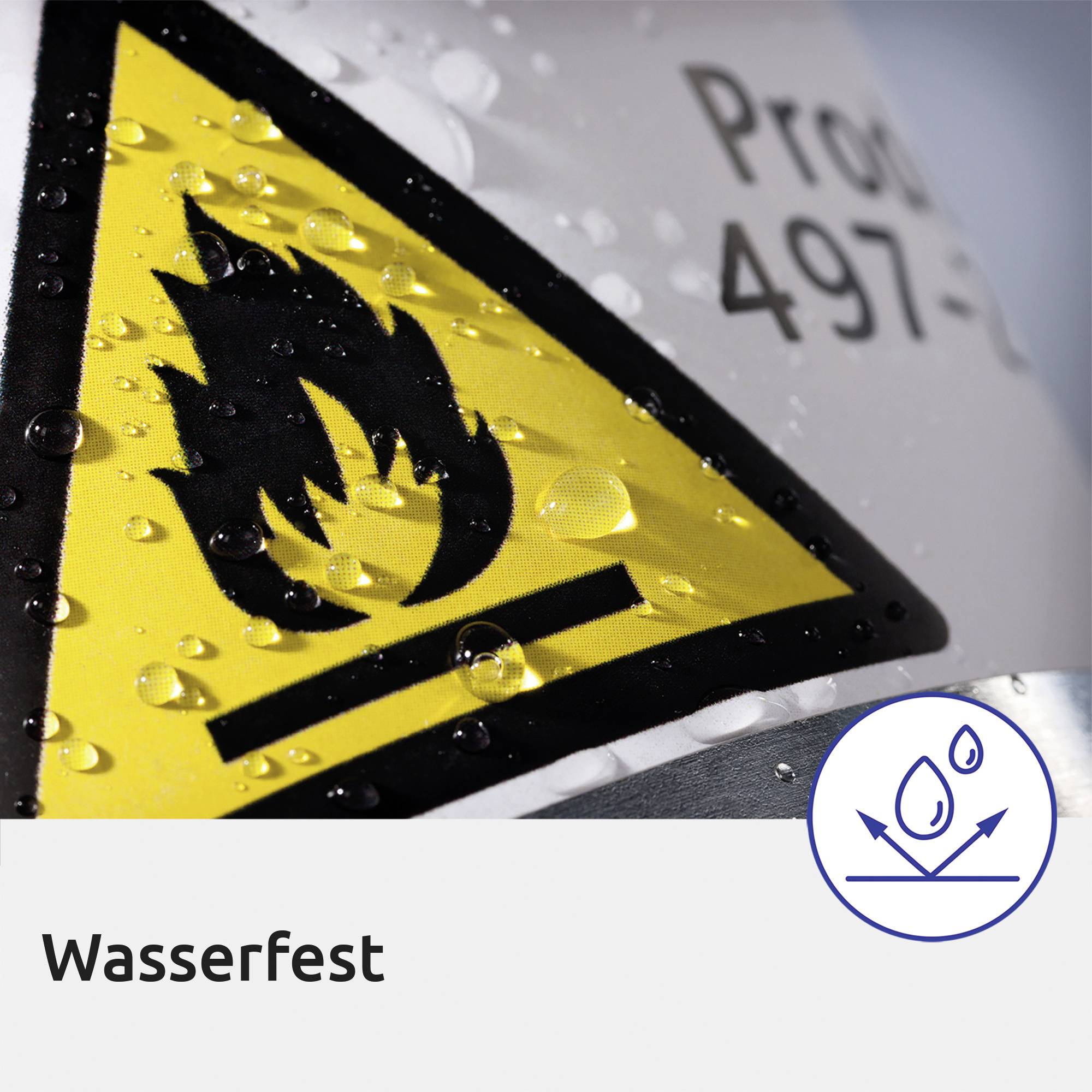 Ein gelbes Warnschild mit einem schwarzen Flammensymbol, darauf tropft Wasser. Text 'Wasserfest' darunter. Sicherheitshinweis.