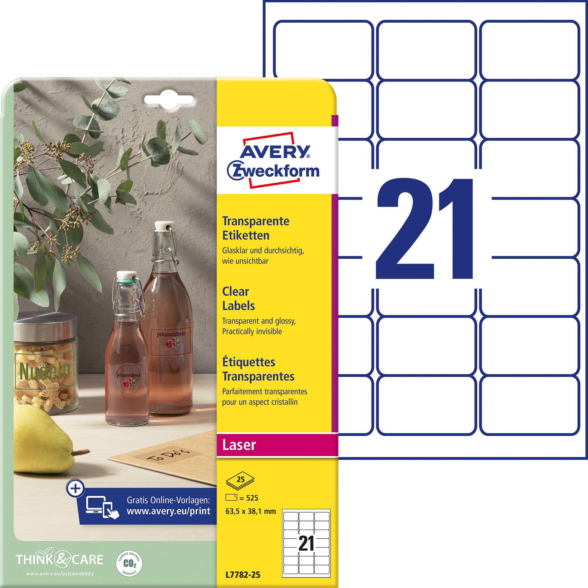 Eine Verpackung von Avery Zweckform mit transparenten Etiketten, daneben zwei Gewürzflaschen und eine Zitrone. Anzahl '21' Etiketten pro Blatt.