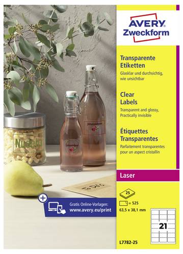 Avery-Zweckform L7782-25 Folien-Etiketten 63.5 x 38.1 mm Polyester-Folie Transparent 525 St. Perman