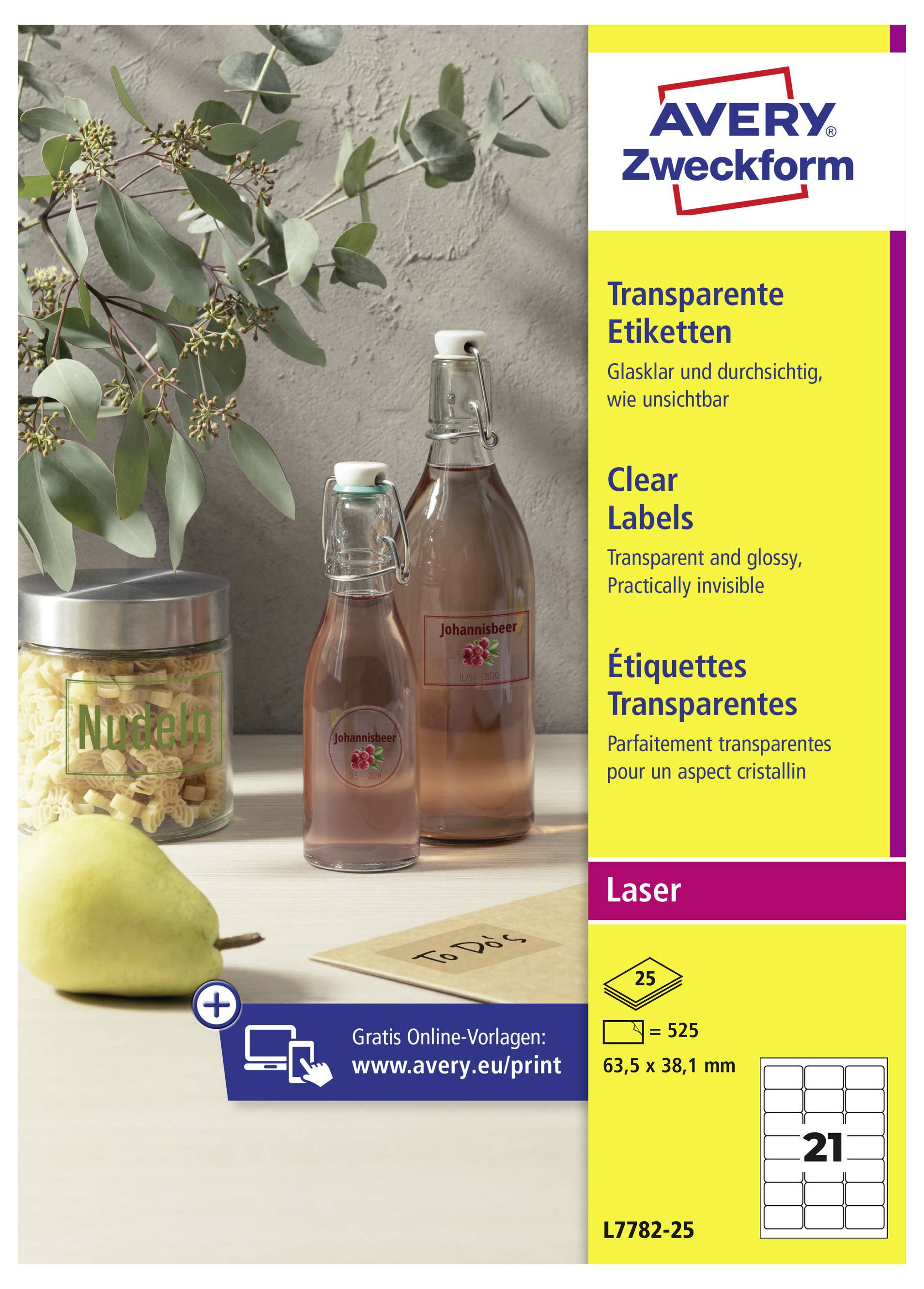 Avery Zweckform transparente Etiketten Verpackung, zeigt transparente Laseretikett mit Produktdetails und eine Beispielflasche mit Etikett, für Online-Vorlagen und Druck.