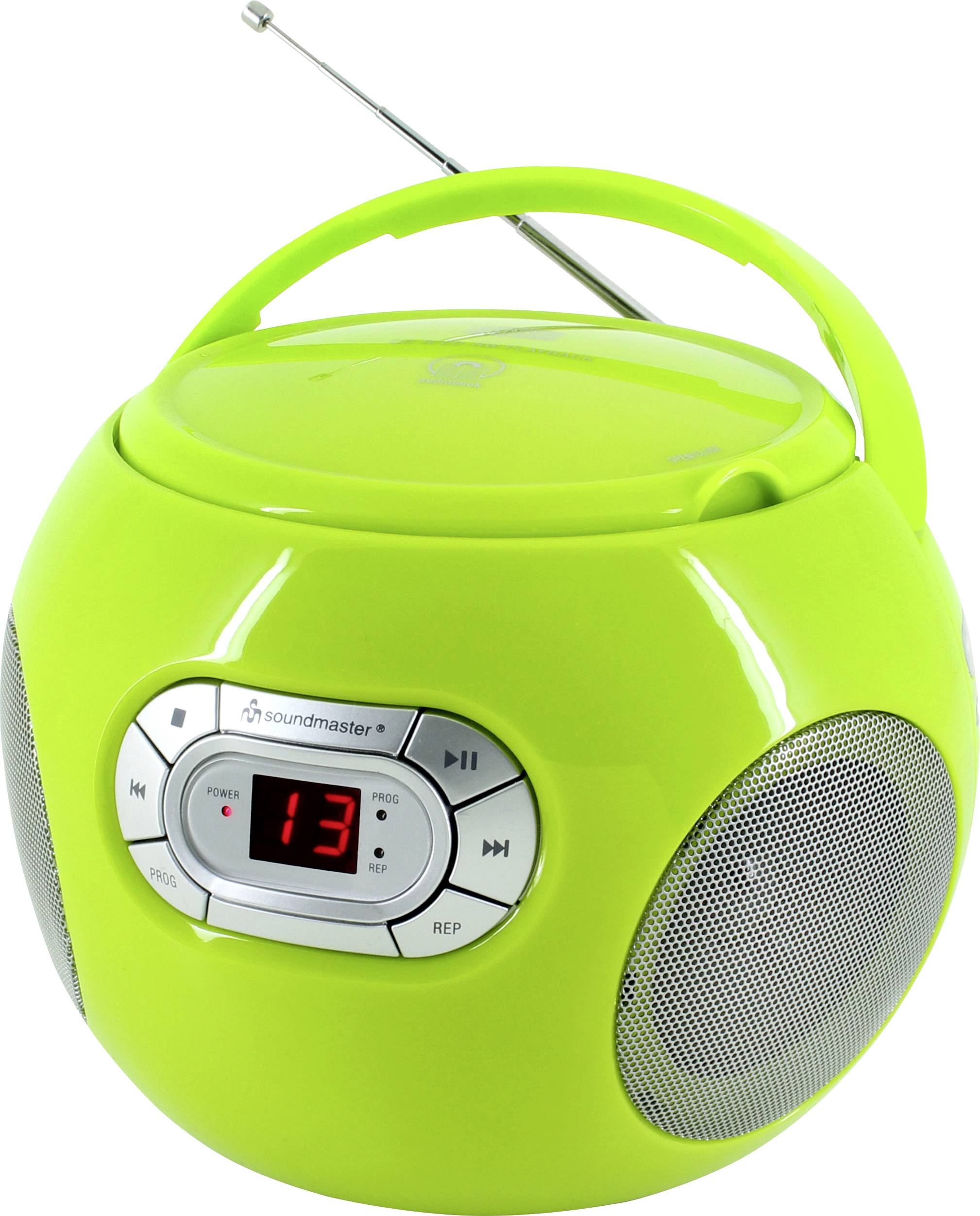 Tragbarer, hellgrüner Boombox mit Griff, Antenne, digitaler Anzeige und zwei Seitenlautsprechern auf weißem Hintergrund.