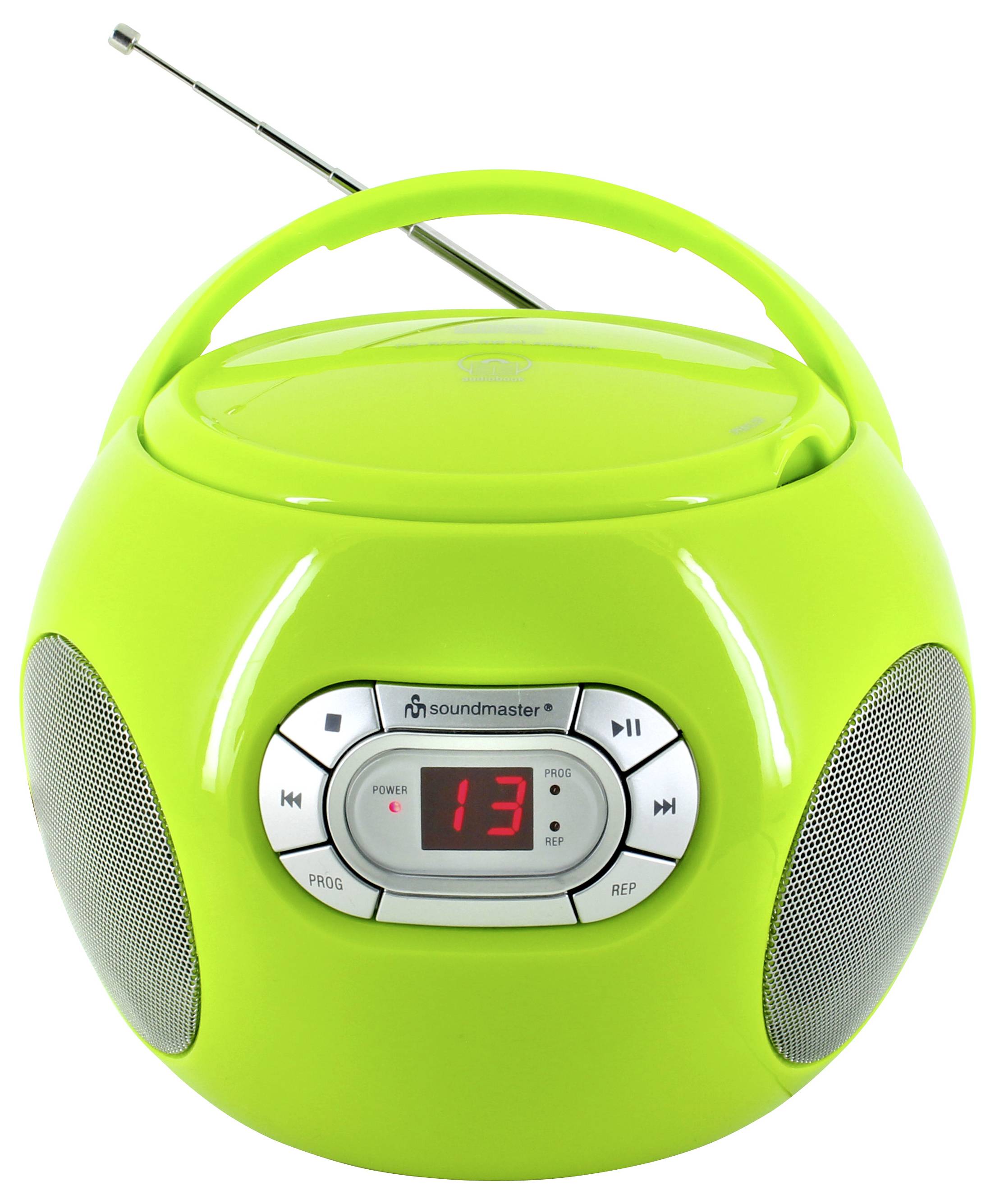 Grüner tragbarer Boombox-Radio mit Antenne, doppelten Lautsprechern und rotem digitalen Display mit der Anzeige 13.