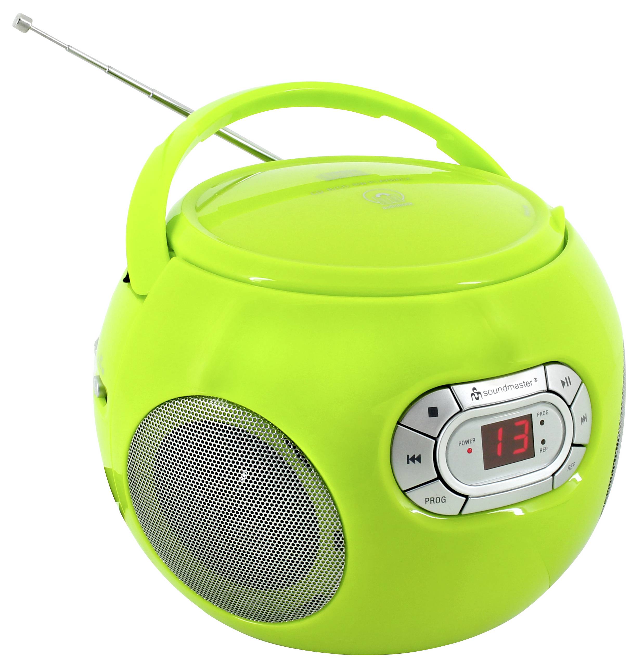 Tragbares Radio in leuchtendem Grün mit Griff, Antenne, Lautsprechergitter und digitaler Anzeige, die 13 anzeigt.