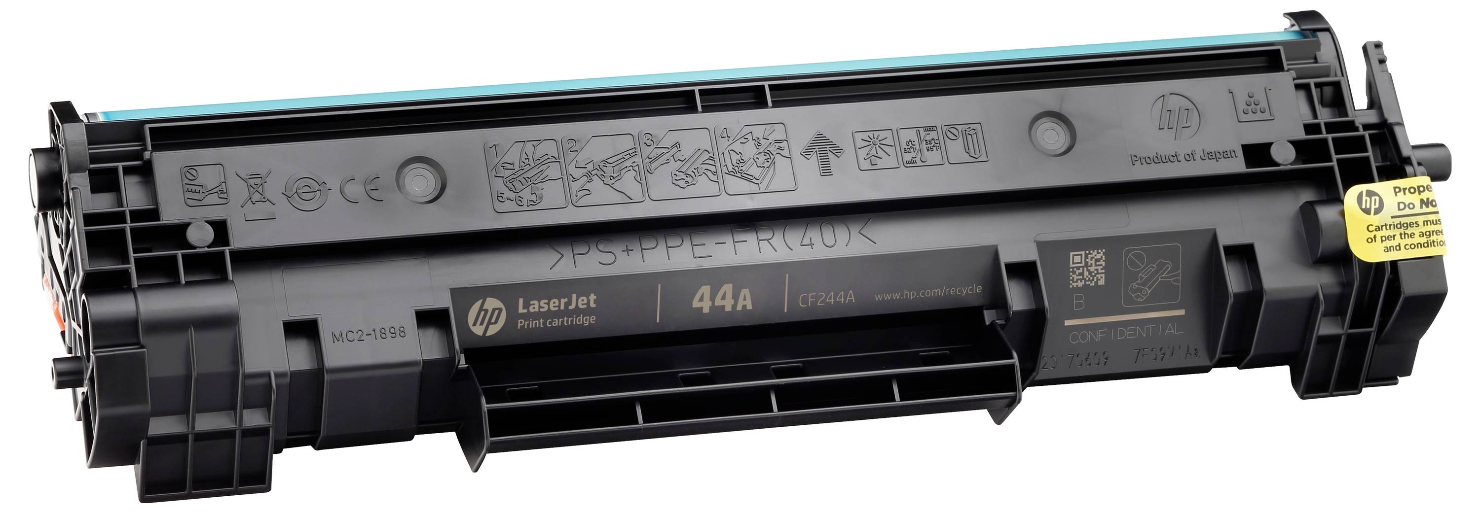 HP LaserJet 44A schwarze Tonerpatrone in Produktverpackung mit Etikettierung und Handhabungssymbolen auf weißem Hintergrund