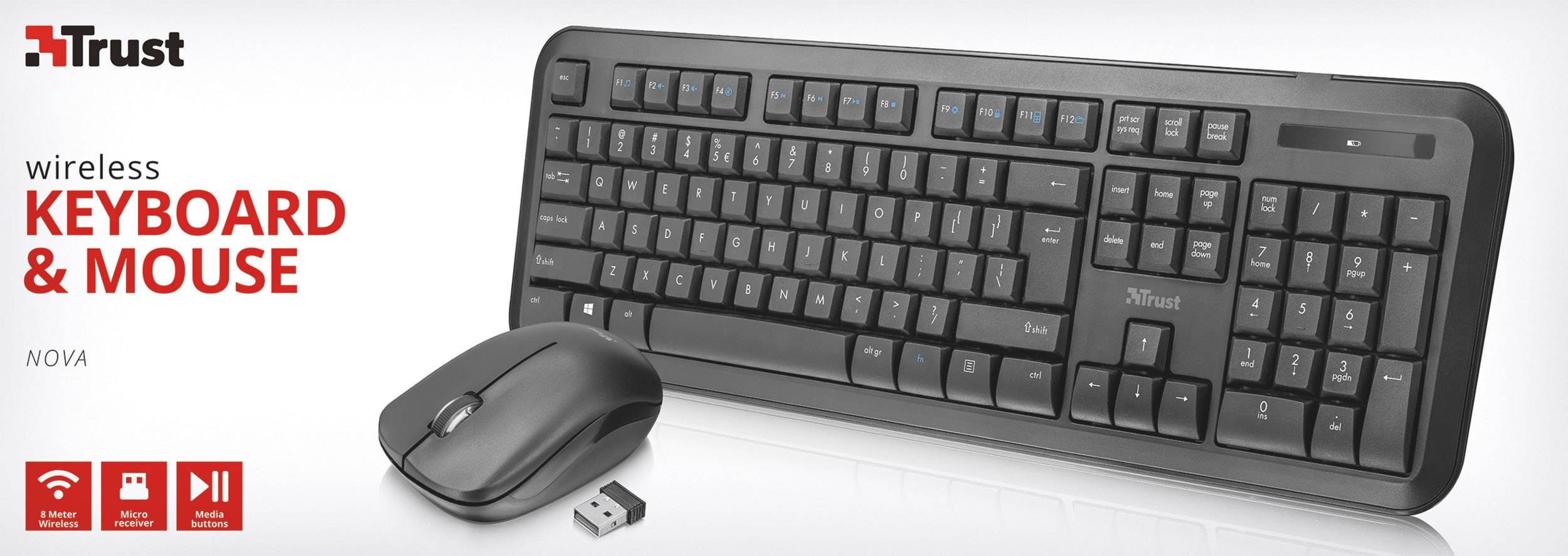 Trust Nova Funk Tastatur, Maus-Set Spritzwassergeschützt Deutsch, QWERTZ, Windows® Schwarz