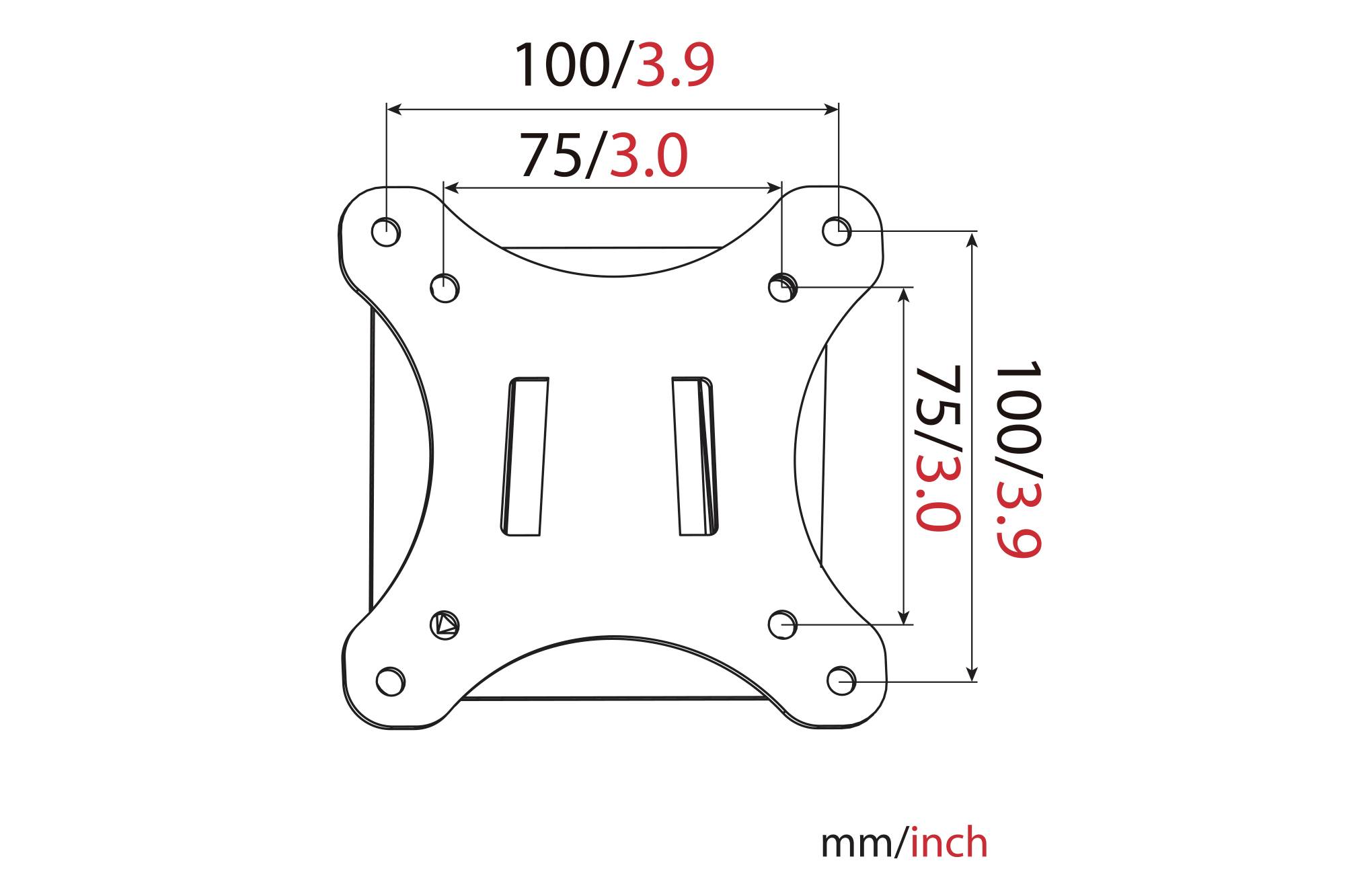 Abbildung zeigt eine VESA-Halterung mit Abmessungen: 100x100 mm (3,9x3,9 Zoll) und 75x75 mm (3,0x3,0 Zoll).
