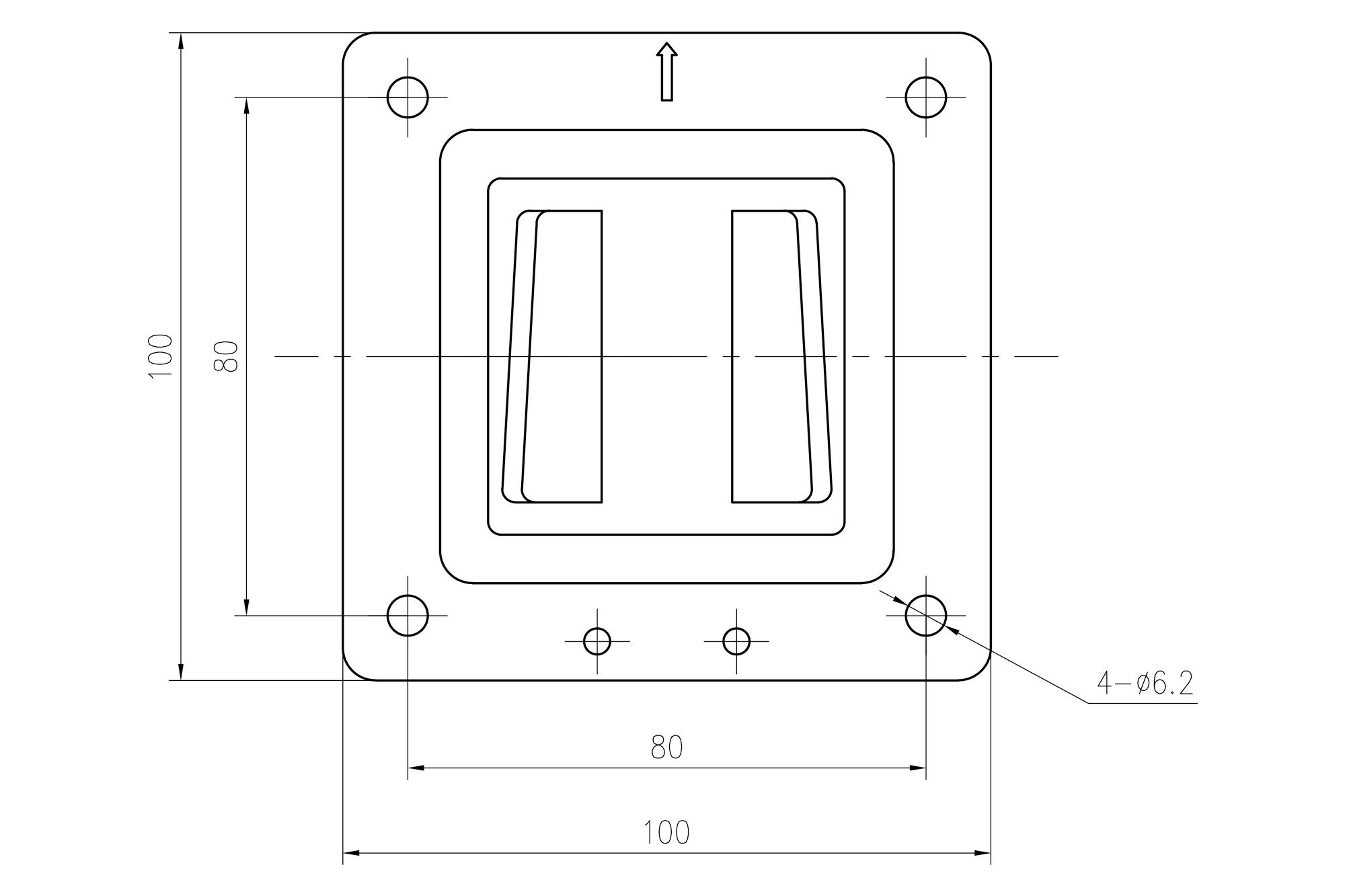 Technische Zeichnung eines rechteckigen Schalters mit Abmessungen: 100 x 80 mm. Pfeil oben zeigt die Einbaurichtung an.