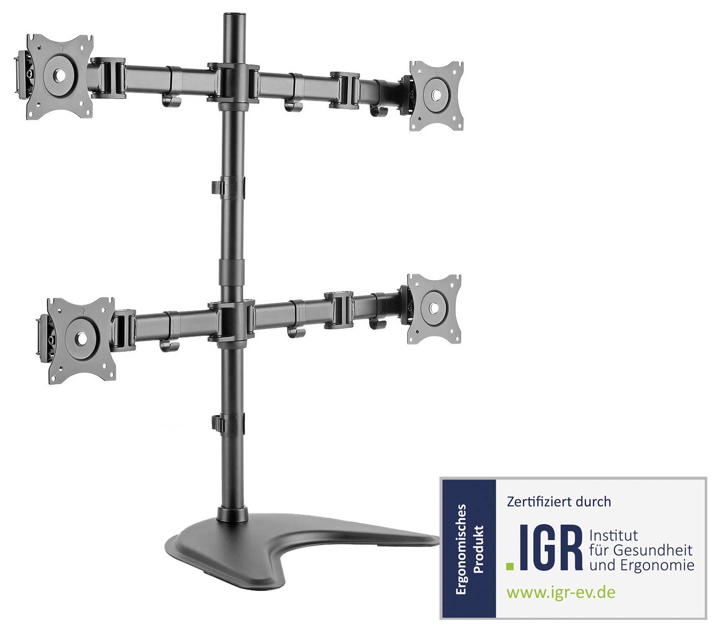 Vierfach-Monitorhalterung auf stabilem Standfuß, geeignet für ergonomische Arbeitsplätze. Zertifiziert durch das IGR Institut.
