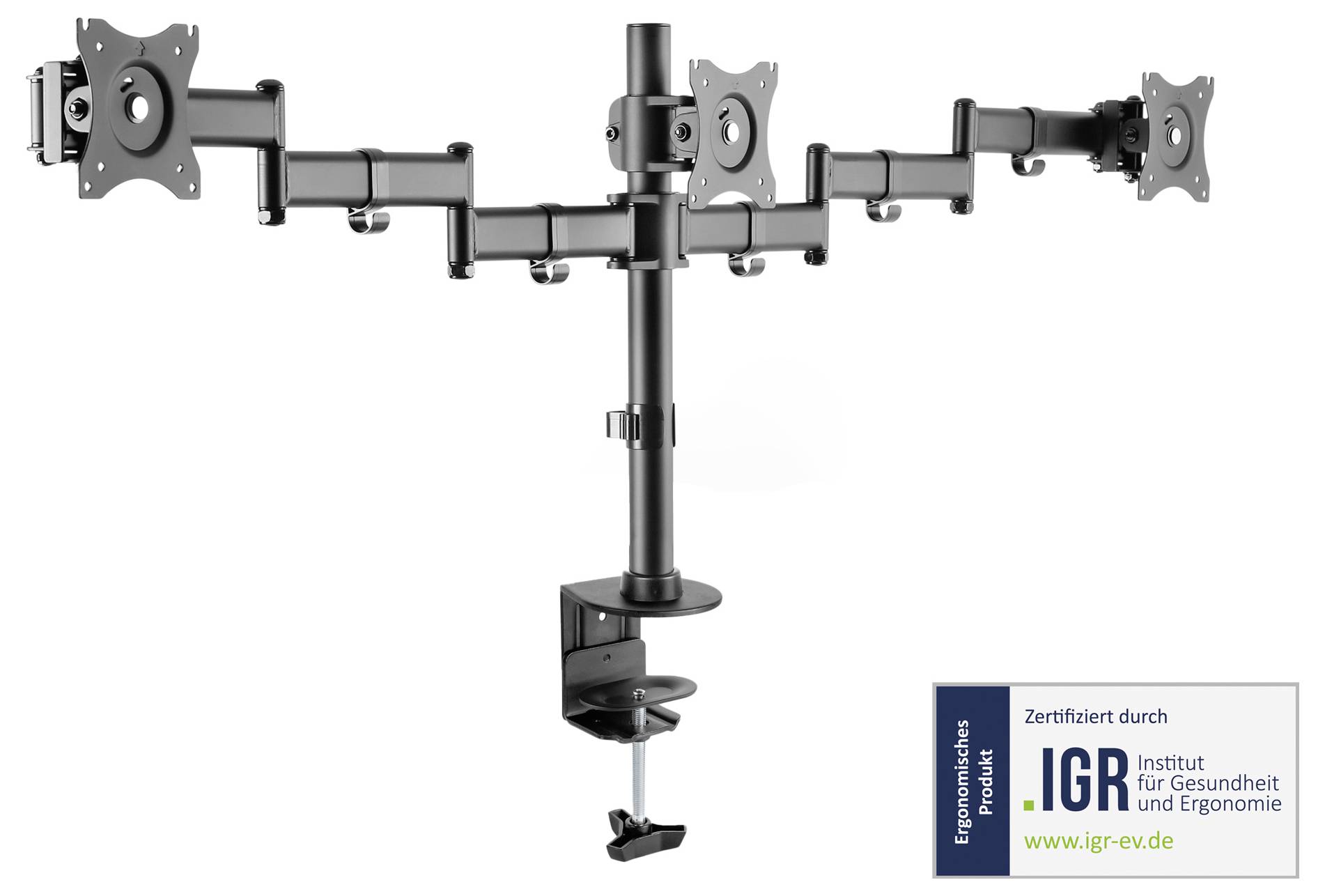Vierfach-Monitorhalterung mit flexiblen Armen, befestigt an einem robusten Standfuß. Zertifiziert durch das IGR, betont Ergonomie.