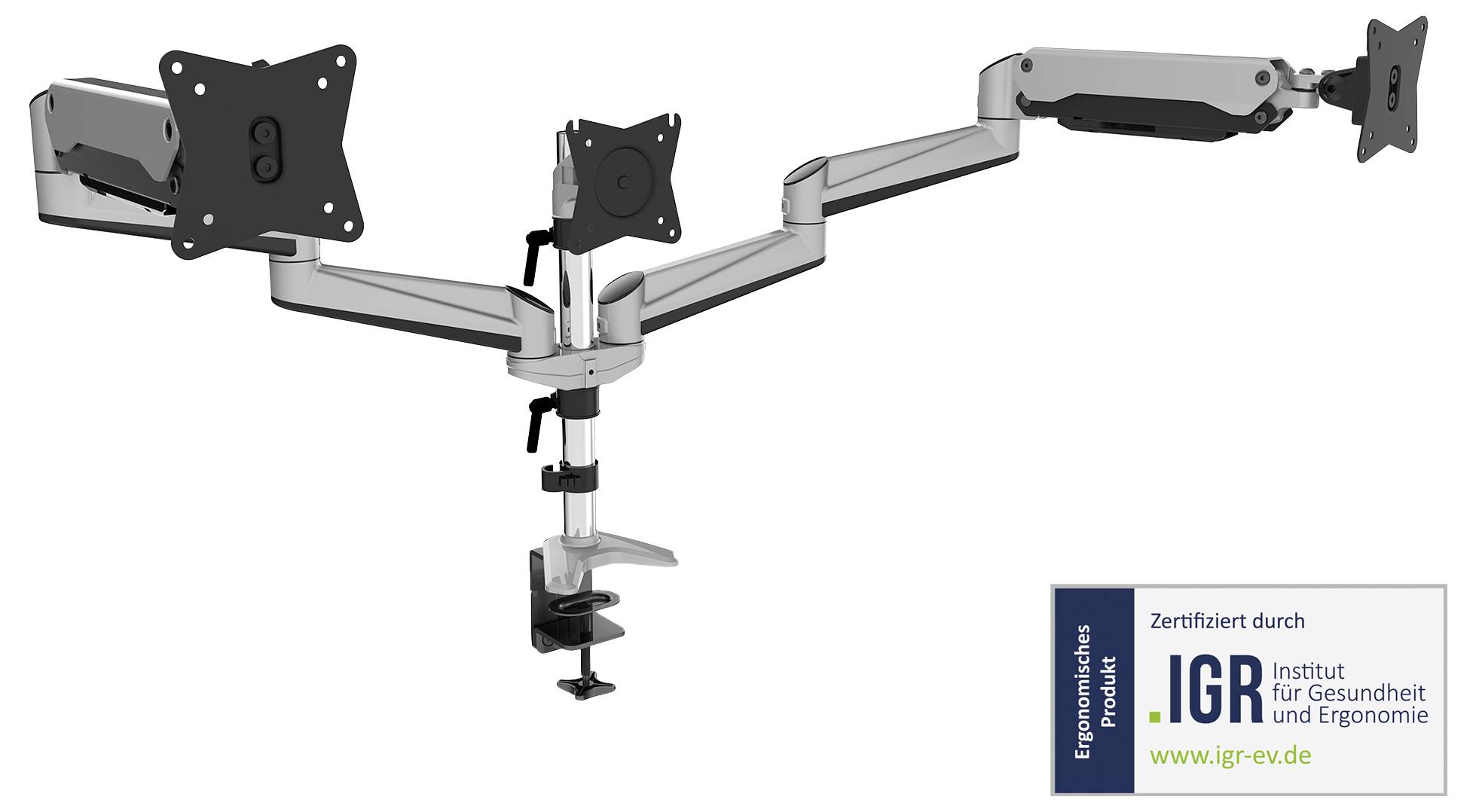 Dreifacher Monitormontagearm mit Tischklemme, verstellbaren Armen und schwenkbaren Halterungen, zertifiziert vom Institut für Gesundheit und Ergonomie.