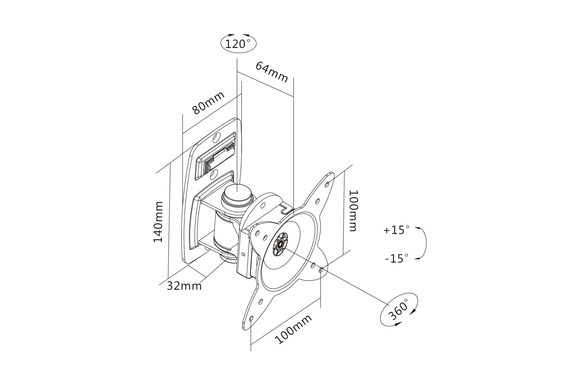 Technische Zeichnung einer verstellbaren TV-Halterung mit Maßen: 140mm hoch, 32mm tief, 100mm breit. Drehbar um 360°, neigbar um ±15°.