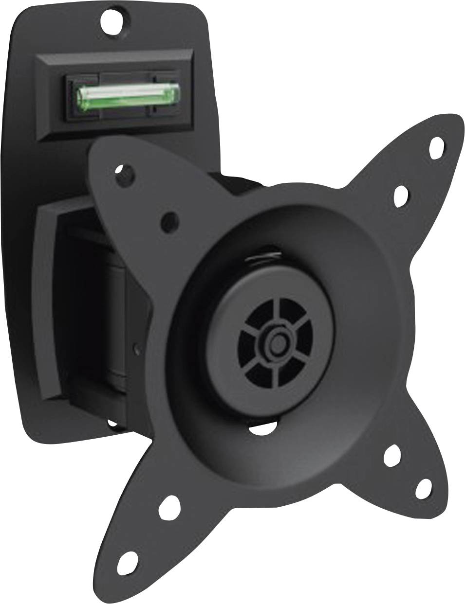 Eine schwarze Monitorhalterung mit vier Befestigungspunkten und einem grünen Markierungsschlitz, zur Montage eines Bildschirms an der Wand.