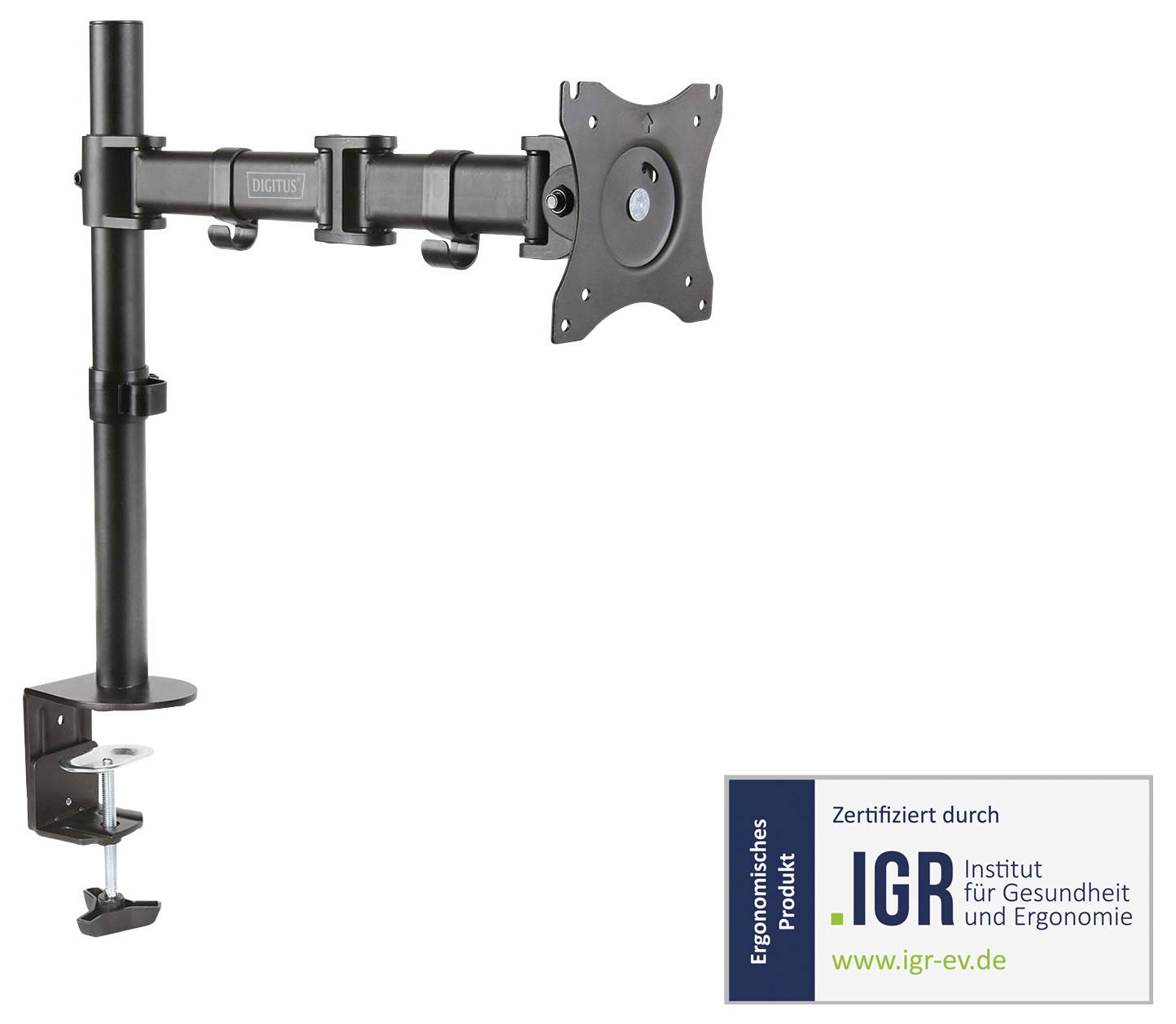 Monitorhalterung aus Metall mit Schwenkarm, zertifiziert durch IGR Institut für Gesundheit und Ergonomie, für ergonomisches Arbeiten.