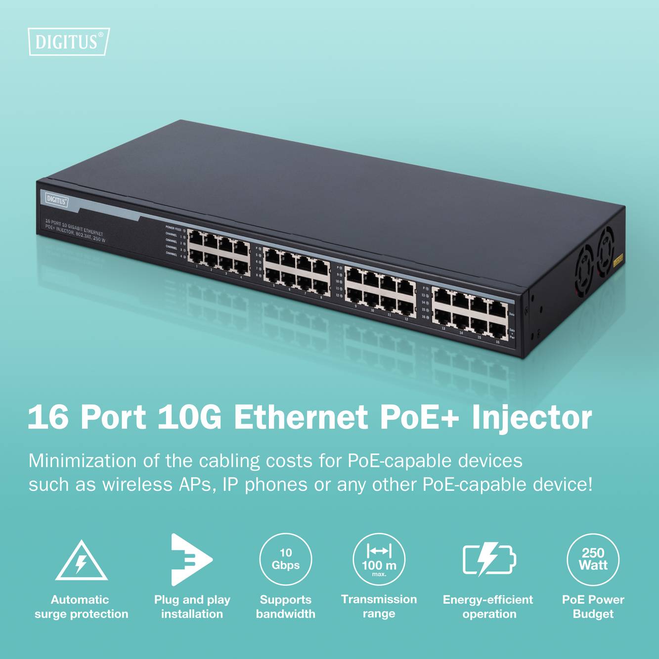 Digitus DN-95116 PoE Injektor 1 GBit/s IEEE 802.3af (12.95 W), IEEE 802.3at (25.5 W)
