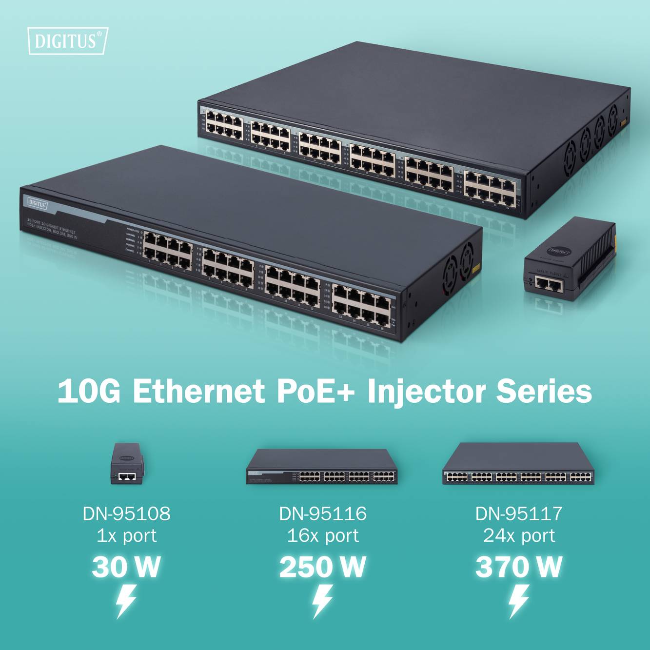 '10G Ethernet PoE+ Injector Series' von Digitus. Bild zeigt drei Modelle: DN-95108 (30W), DN-95116 (250W), DN-95117 (370W).