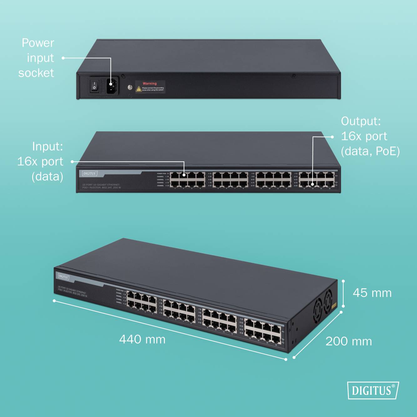 Digitus DN-95116 PoE Injektor 1 GBit/s IEEE 802.3af (12.95 W), IEEE 802.3at (25.5 W)