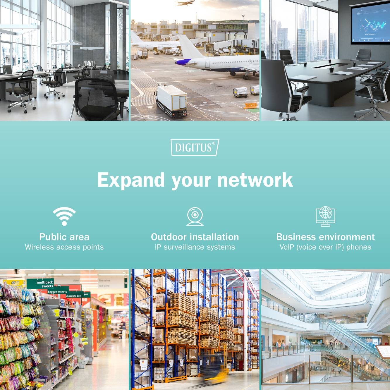 'Expand your network' mit Bilddarstellungen von Flughäfen, Büro- und Geschäftsumgebungen sowie Text zu WLAN-Punkten und VoIP-Telefonen.
