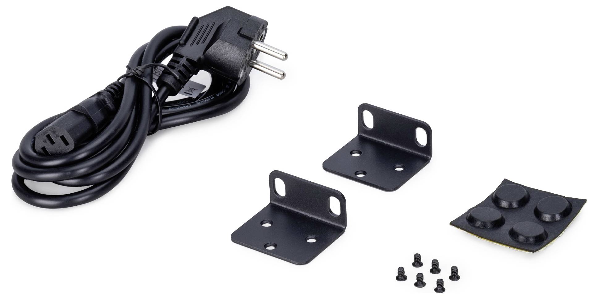 Netzkabel mit europäischem Stecker, zwei L-förmige Halterungen, sechs Schrauben und vier runde Gummifüße für Montagezwecke.