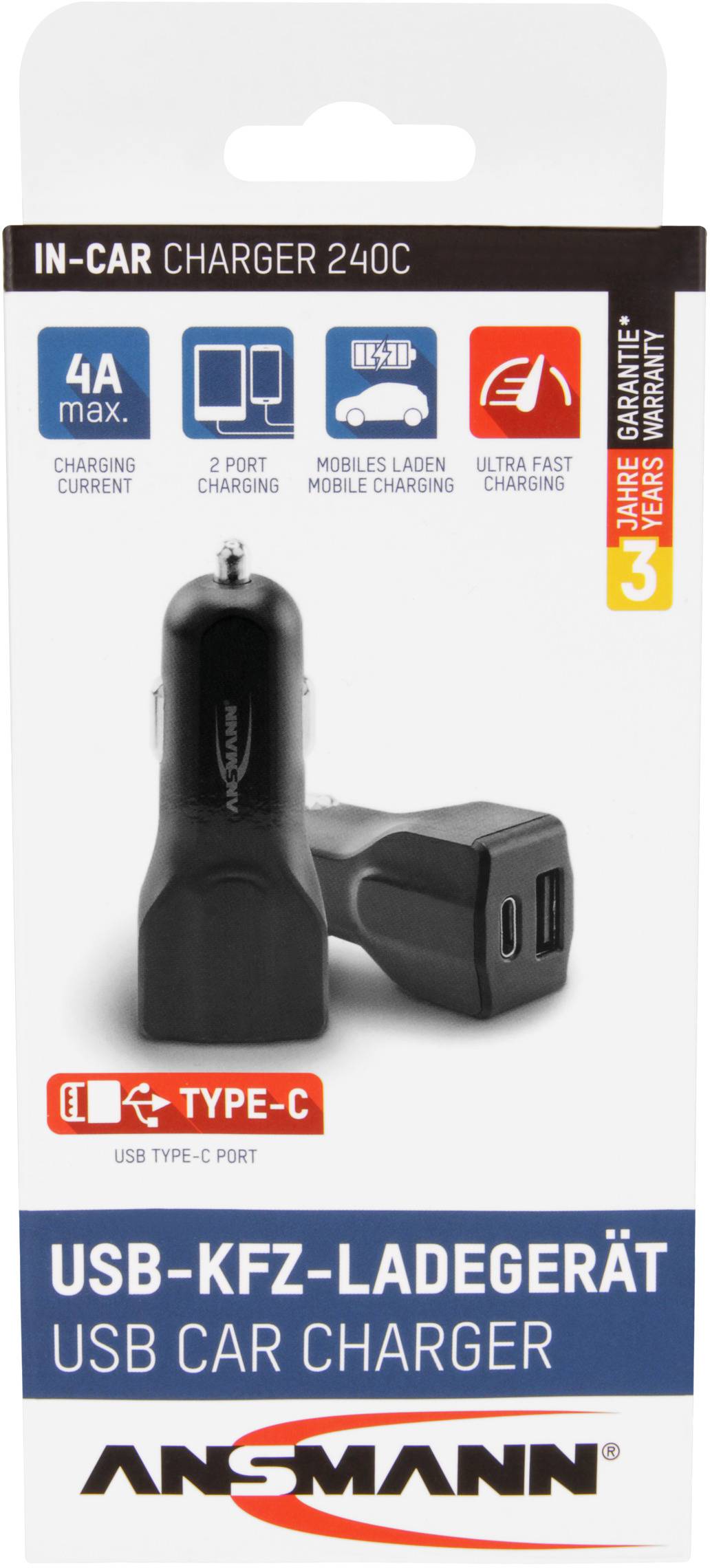 Ansmann 240C USB-Ladegerät 20 W KFZ, LKW Ausgangsstrom (max.) 3000 mA USB, USB-C® Buchse Anzahl Ausgänge: 2 x