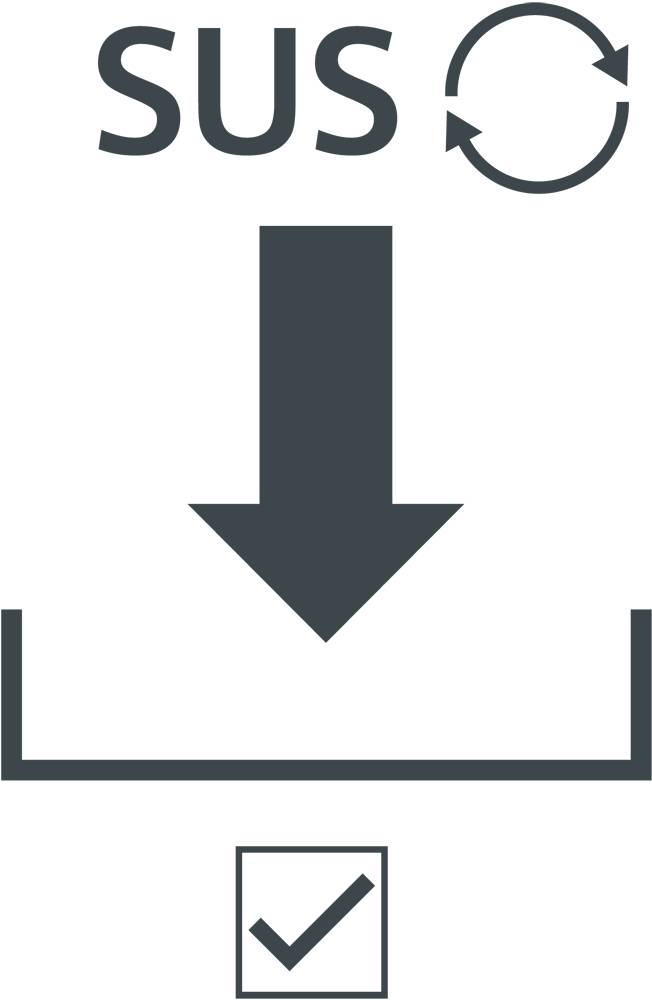 'Herunterladen von SUS-Upgrades'. Ein Pfeil zeigt nach unten, daneben ein Recycling-Symbol und ein Häkchen in einem Kästchen.