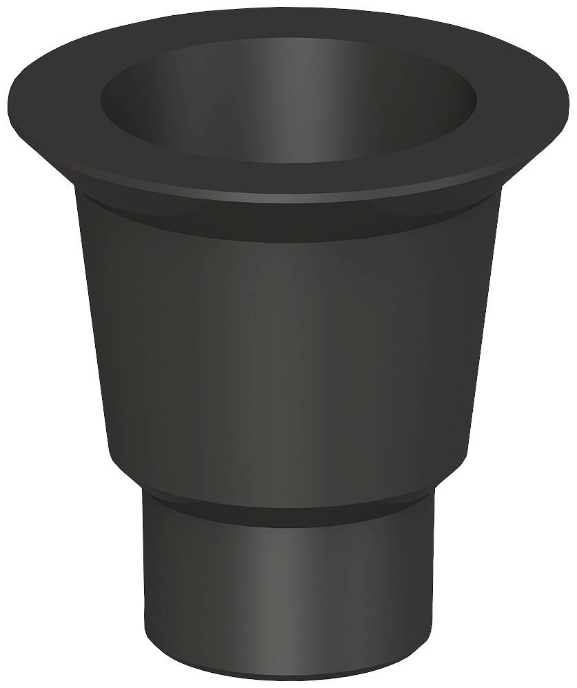 Schwarzer, konischer Trichter mit breiter Öffnung, verwendet zum Einfüllen von Flüssigkeiten oder kleinen festen Stoffen in schmale Behälter.