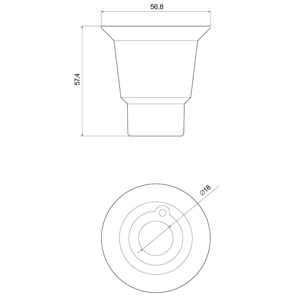 Technische Zeichnung einer GU10-Lampe mit den Maßen: Höhe 57,4 mm, Durchmesser oben 56,8 mm, Sockel Ø18 mm.