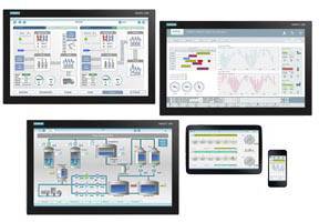 Mehrere elektronische Geräte zeigen industrielle Automatisierungsschnittstellen mit Diagrammen, Grafiken und Steuerungsanzeigen.