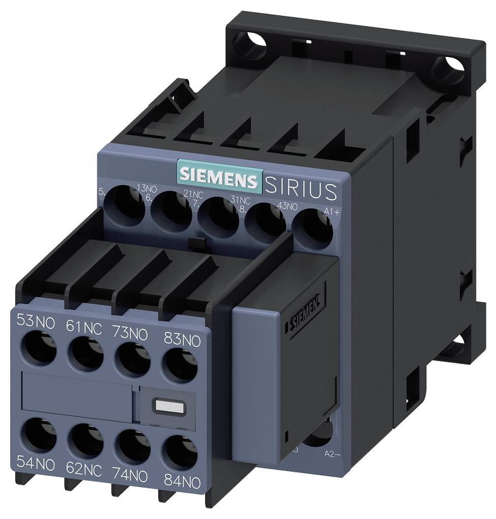 Ein schwarzes Siemens SIRIUS Schütz mit mehreren Anschlüssen. Geeignet für elektrische Steuerungssysteme. Hauptsächlich für industrielle Anwendungen verwendet.