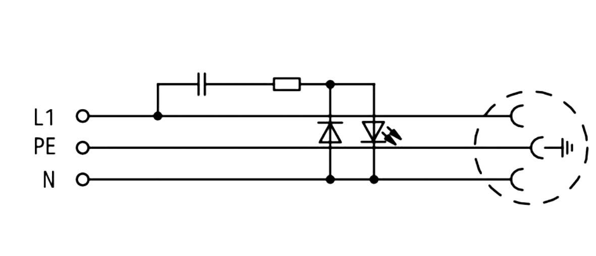 Schaltplanskizze eines Überspannungsschutzes mit Kondensator, Widerstand und Überspannungsableitern zwischen Phase L1, Erde PE und Neutralleiter N.