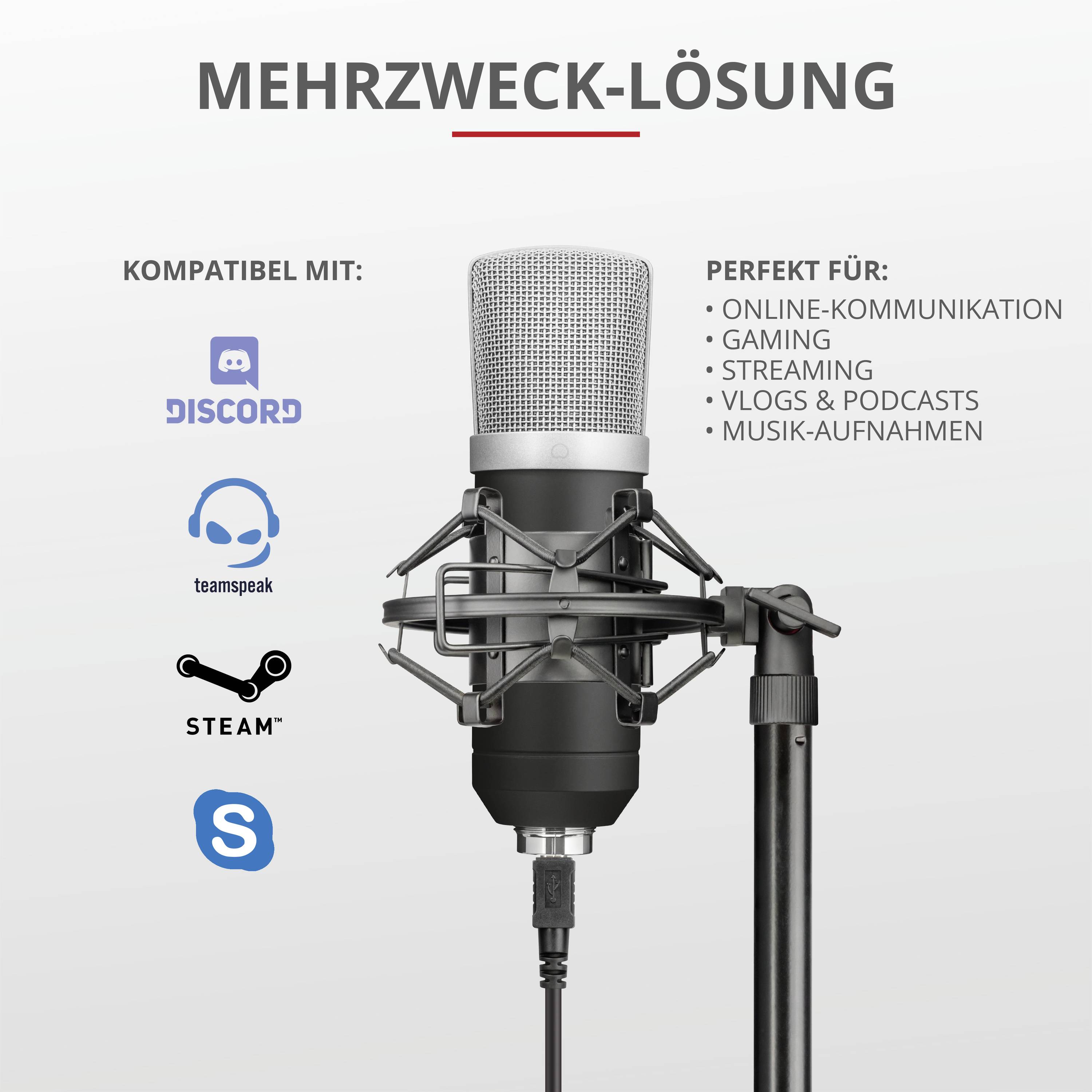 Trust GXT 252 Emita Stand PC-Mikrofon Übertragungsart (Details):Kabelgebunden Standfuß USB Kabelgebunden Schwarz