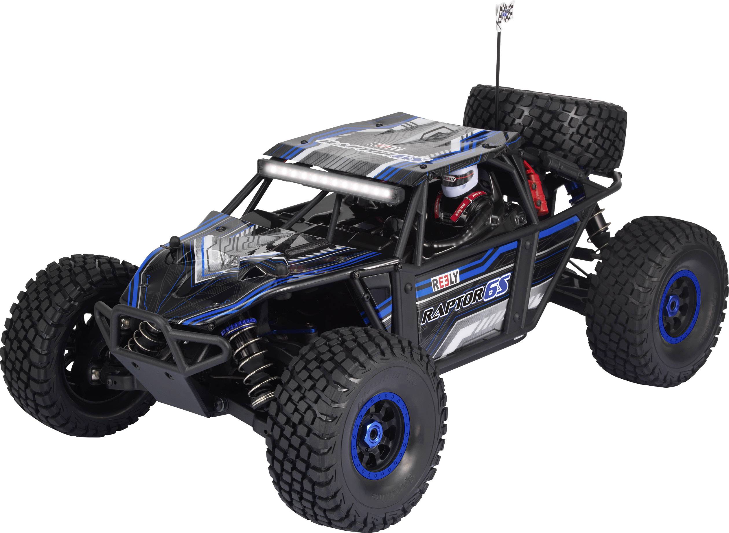 Ein ferngesteuertes Modellauto im Offroad-Stil mit blauer und schwarzer Lackierung, dicken Reifen und einem sichtbaren Fahrergestell.
