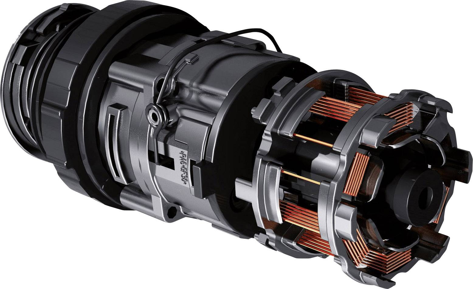 Ein elektrischer Motor mit sichtbaren Kupferspulen und einem schwarzen Gehäuse. Dieses Bauteil wird oft in Maschinen und Fahrzeugen verwendet.