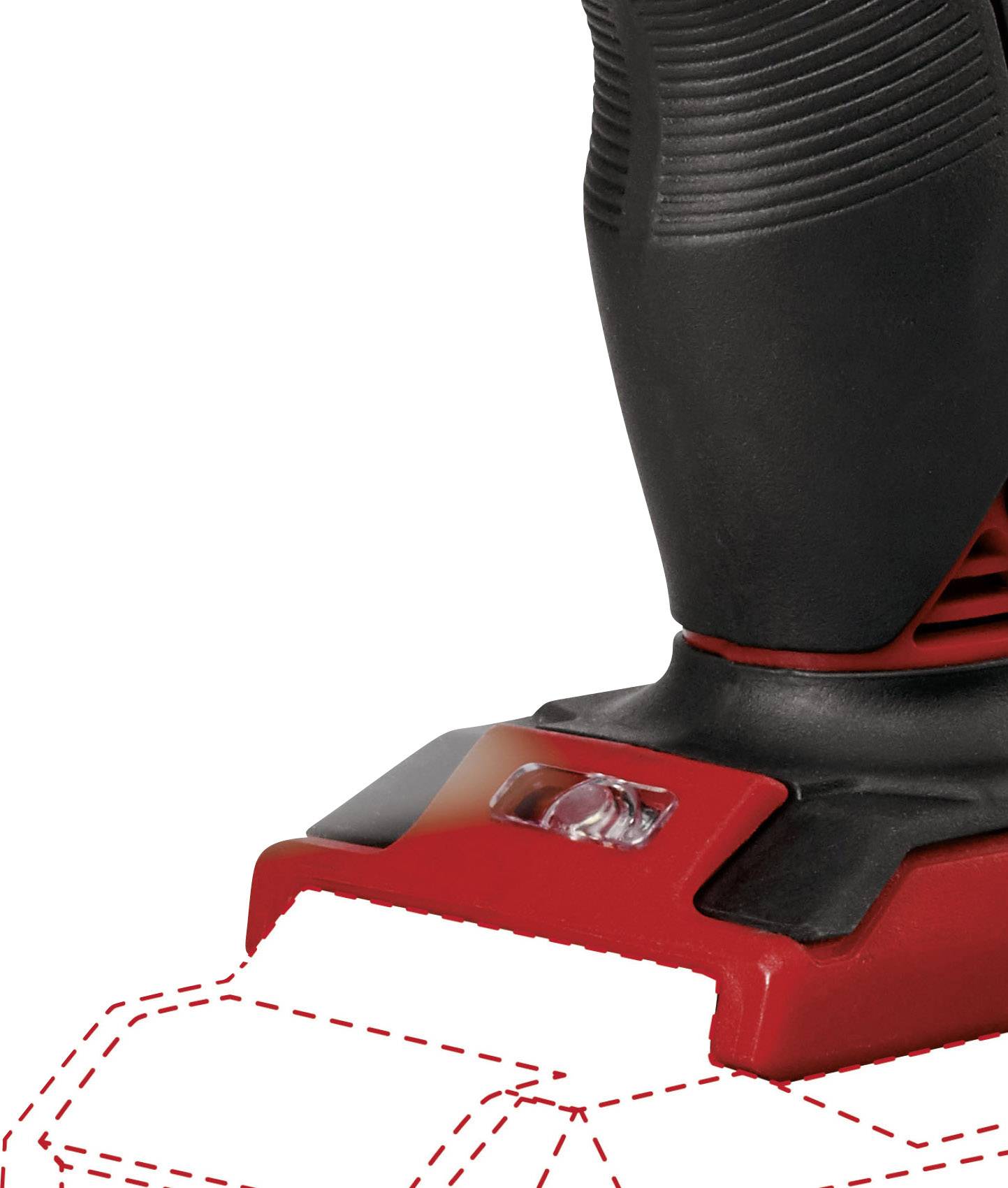 Ein schwarzer und roter Griff eines elektrischen Werkzeugs, unten mit Ansätzen für eine Energieversorgung.