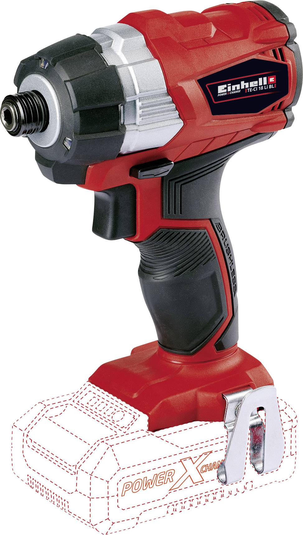 Akkuschlagschrauber in Rot und Schwarz, ohne sichtbare Batterie, mit ergonomischem Griff und Markenlogo.