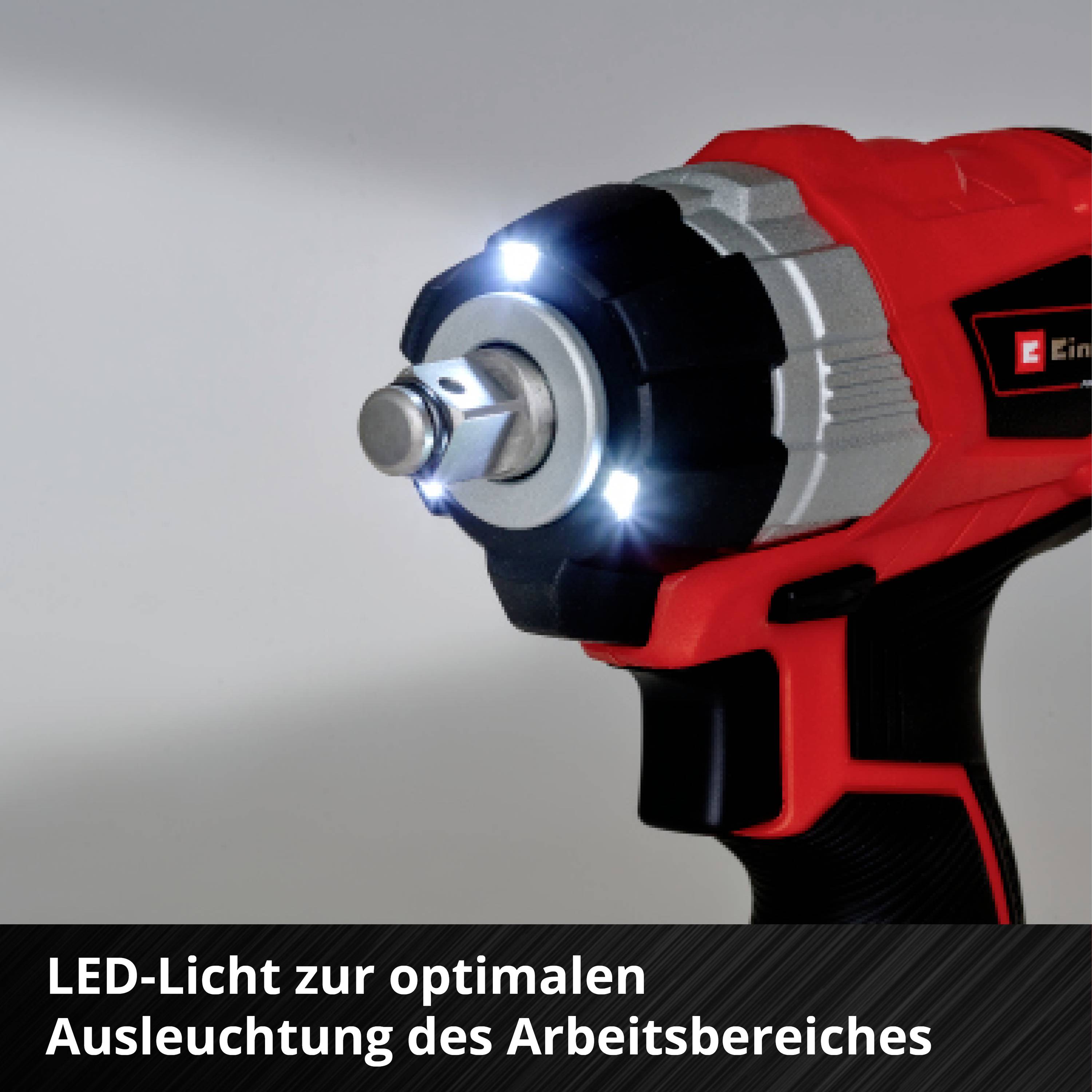 Akkubohrschrauber mit LED-Licht wird gezeigt. Unten steht: 'LED-Licht zur optimalen Ausleuchtung des Arbeitsbereiches'.