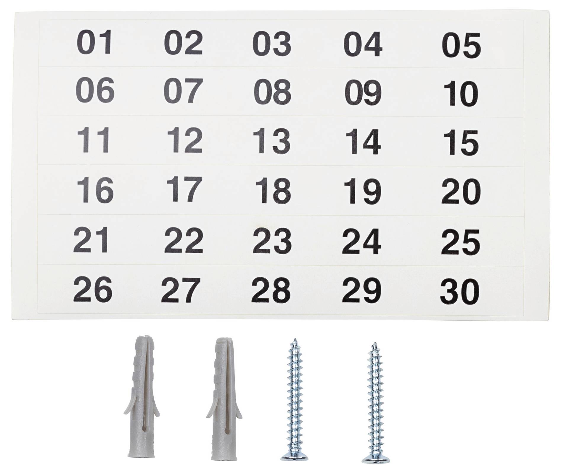 Tabelle mit Zahlen von 01 bis 30 in fünf Reihen. Darunter zwei graue Dübel und zwei Metall-Schrauben.