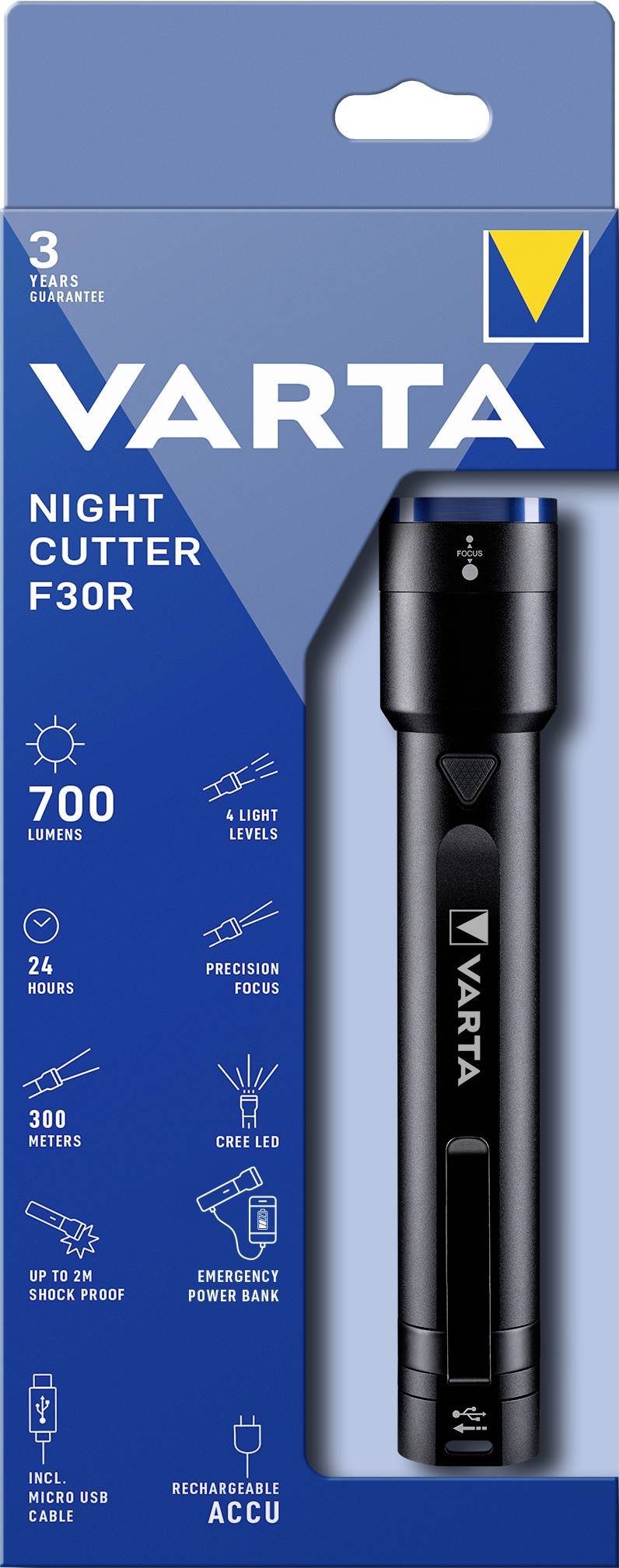 Varta Night Cutter F30R LED Taschenlampe mit Gürtelclip, mit USB-Schnittstelle, verstellbar akkubetrieben 700 lm 24 h 515 g