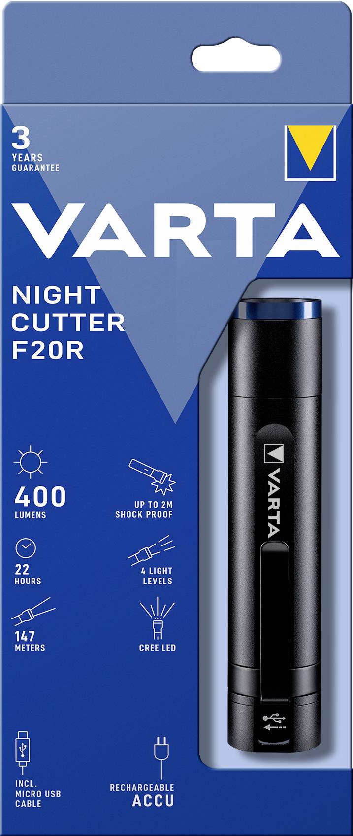 Varta Night Cutter F20R LED Taschenlampe mit Gürtelclip, mit USB-Schnittstelle, verstellbar akkubetrieben 400 lm 22 h 348 g