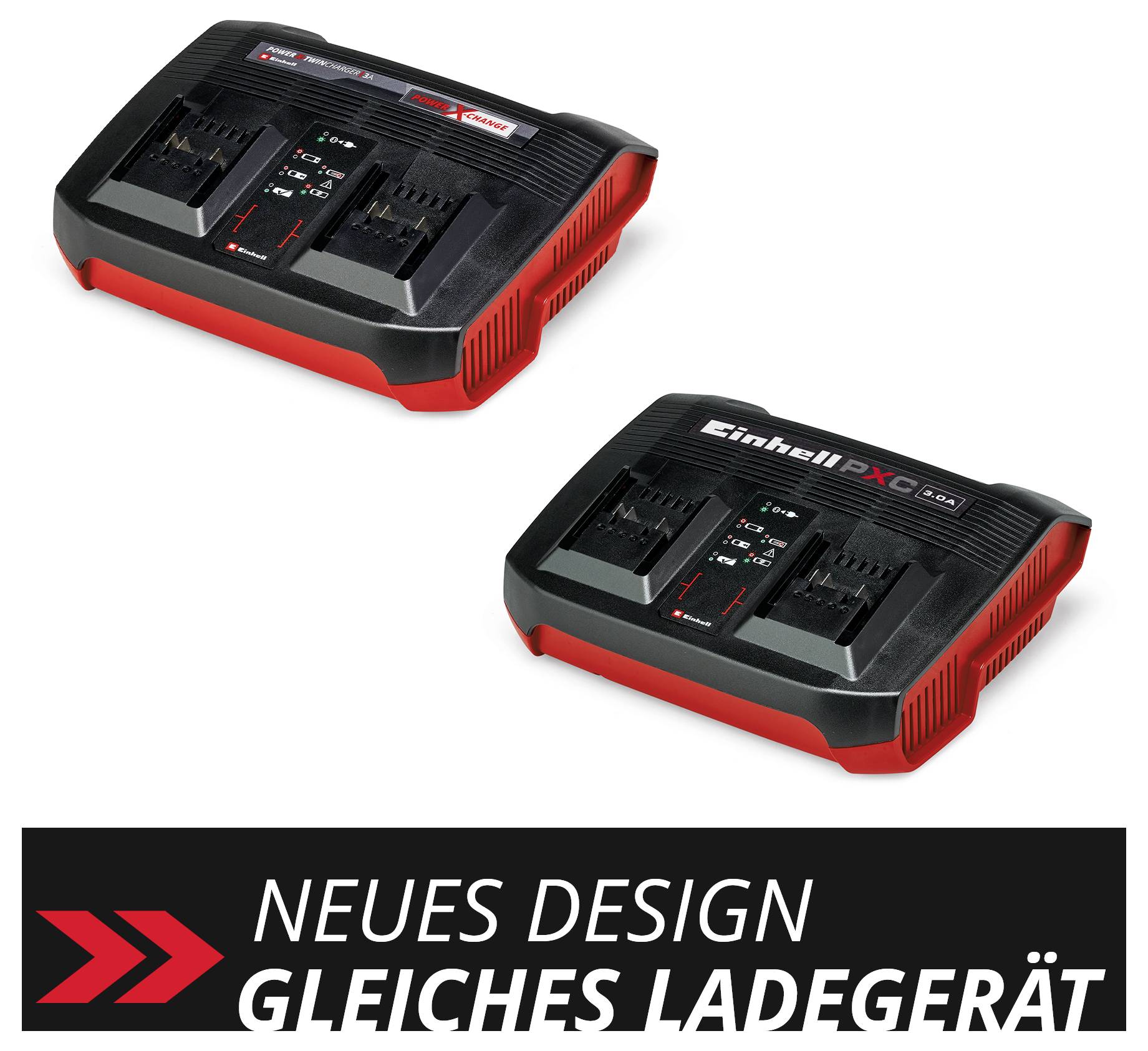 'Einhell PXC Plus' Ladegerät in neuem Design. Zwei Ladegeräte werden nebeneinander gezeigt. Text unten: 'Neues Design, gleiches Ladegerät'.