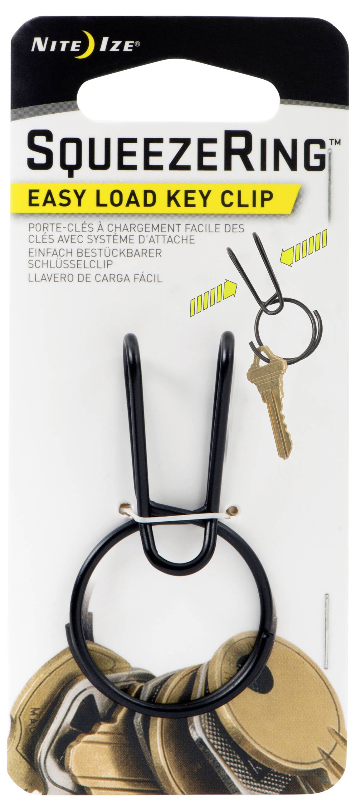 Packung von 'SqueezeRing Easy Load Key Clip', die einen schwarzen Metallschlüsselringhalter und eine Gebrauchsillustration mit angehängten Schlüsseln zeigt.